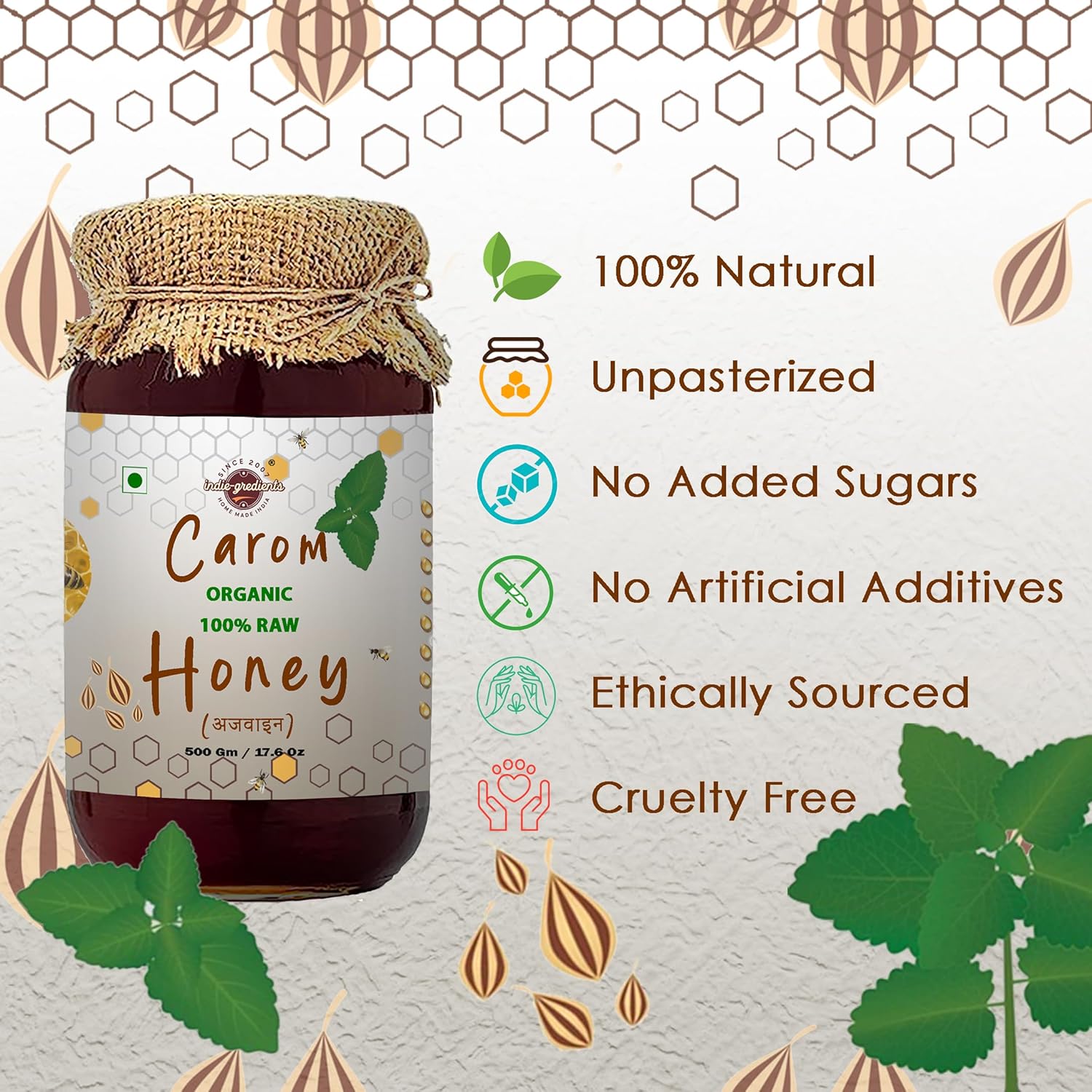 indie-gredients 100% Raw Organic Unprocessed NMR Certified Premium Superfood for Nourishing Wellness Raw Non-GMO Honey (Carom, 500gm)