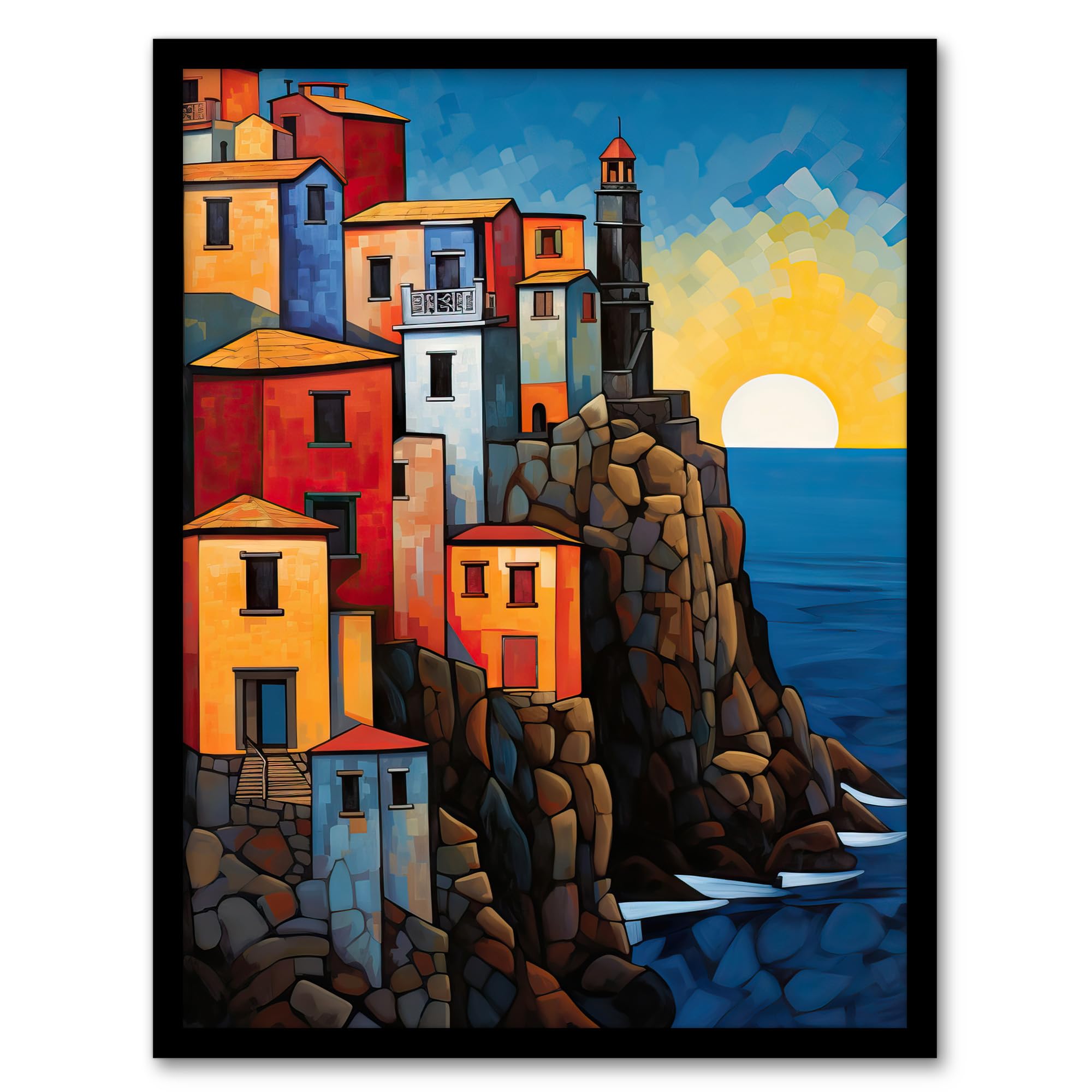 Artery8 Cinque Terre Coastal Sunrise Acrylic Painting Italy Fishing Villages Riomaggiore Manarola Corniglia Vernazza And Monterosso Artwork Framed Wall Art Print A4
