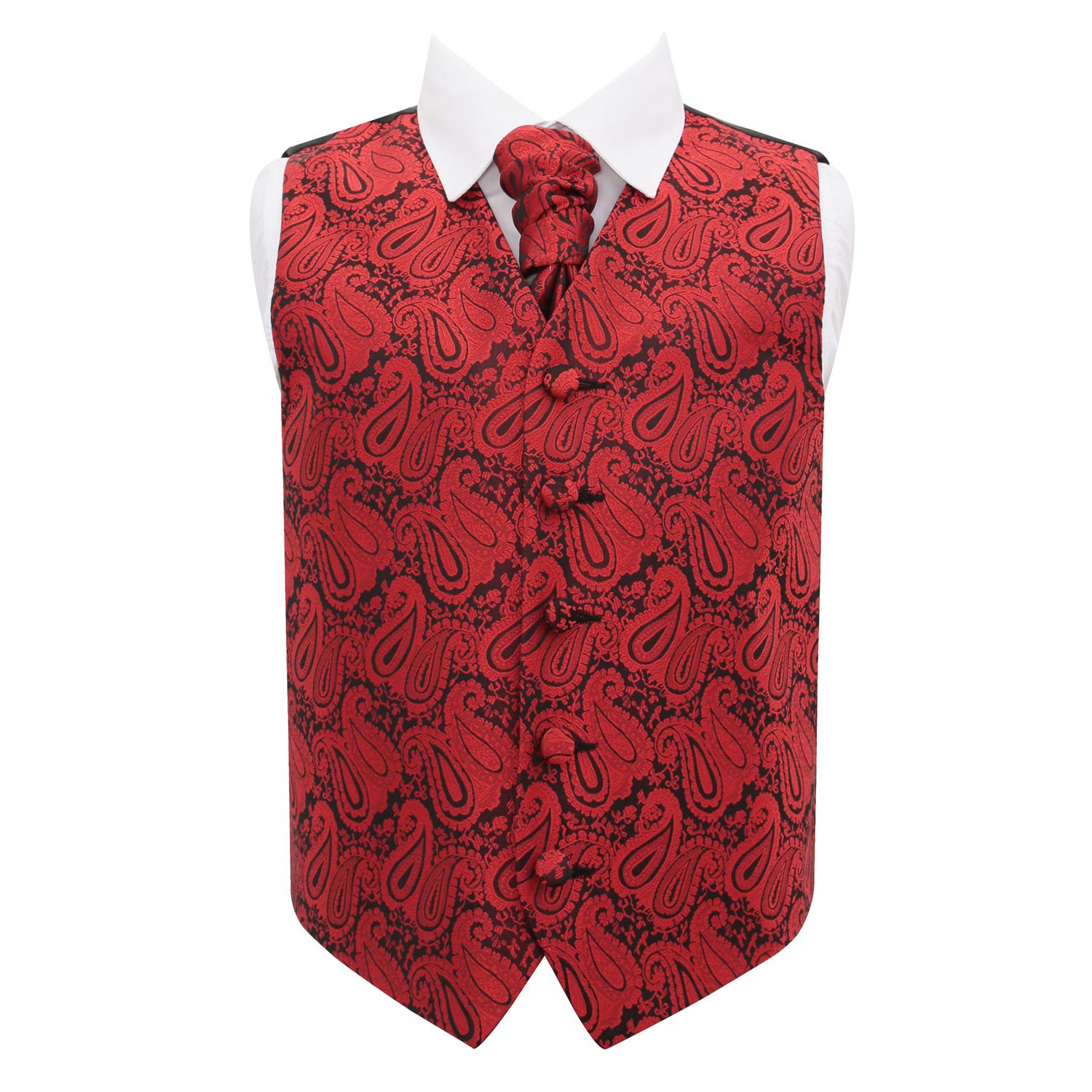 DQT Boys Paisley Floral Waistcoat & Cravat Set (2pc) - Wedding Party & Formal - Black and Red 13-14 Years 34"