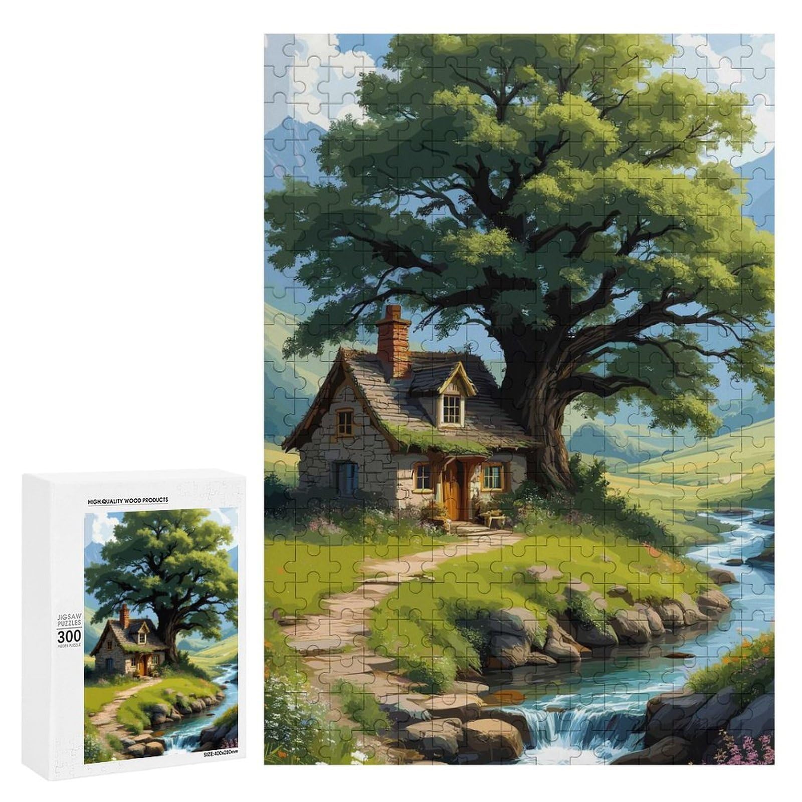 300 PCS Jigsaws for Teenagerss Puzzle Idyllic Cottage by A Stream Adult Puzzles Relaxing Games Enhance Memory Parent-child Interaction 300 PCS