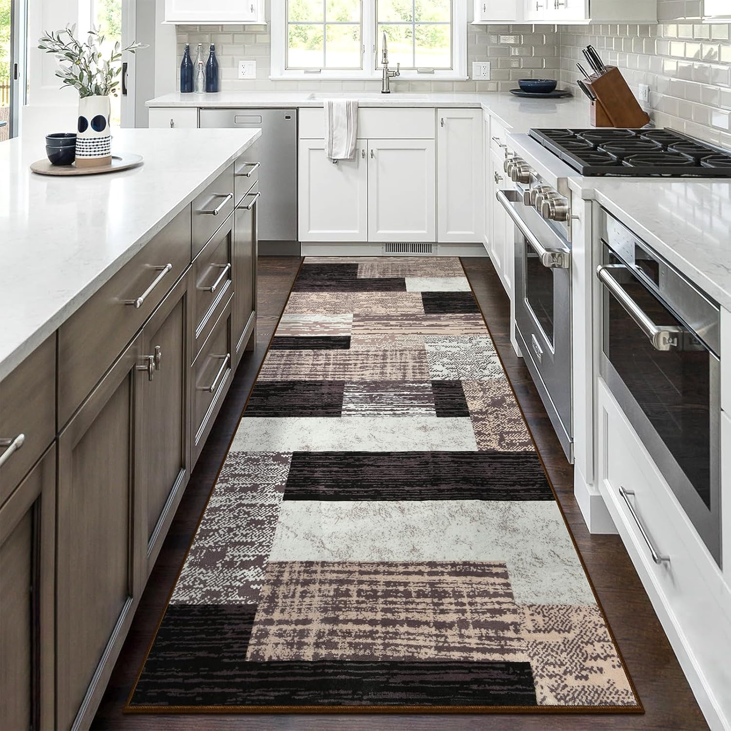 Indoor Runner Rug, Washable Runner Rug with Rubber Backing, Modern Geometric Patchwork Aesthetic Carpet for Bedroom, Living Room, Hallway, Entryway, Washable Rug Rockwood Collection, 2x6 Ft Chocolate - Image 6