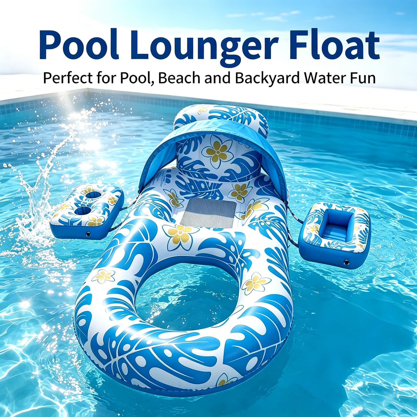 Flotadores Inflables para Adultos con Respaldo y reposabrazos Colchoneta Hinchable Piscina de PVC Plegable con Parasol Cubierta Inferior de Malla Ideales para Diversión Descanso