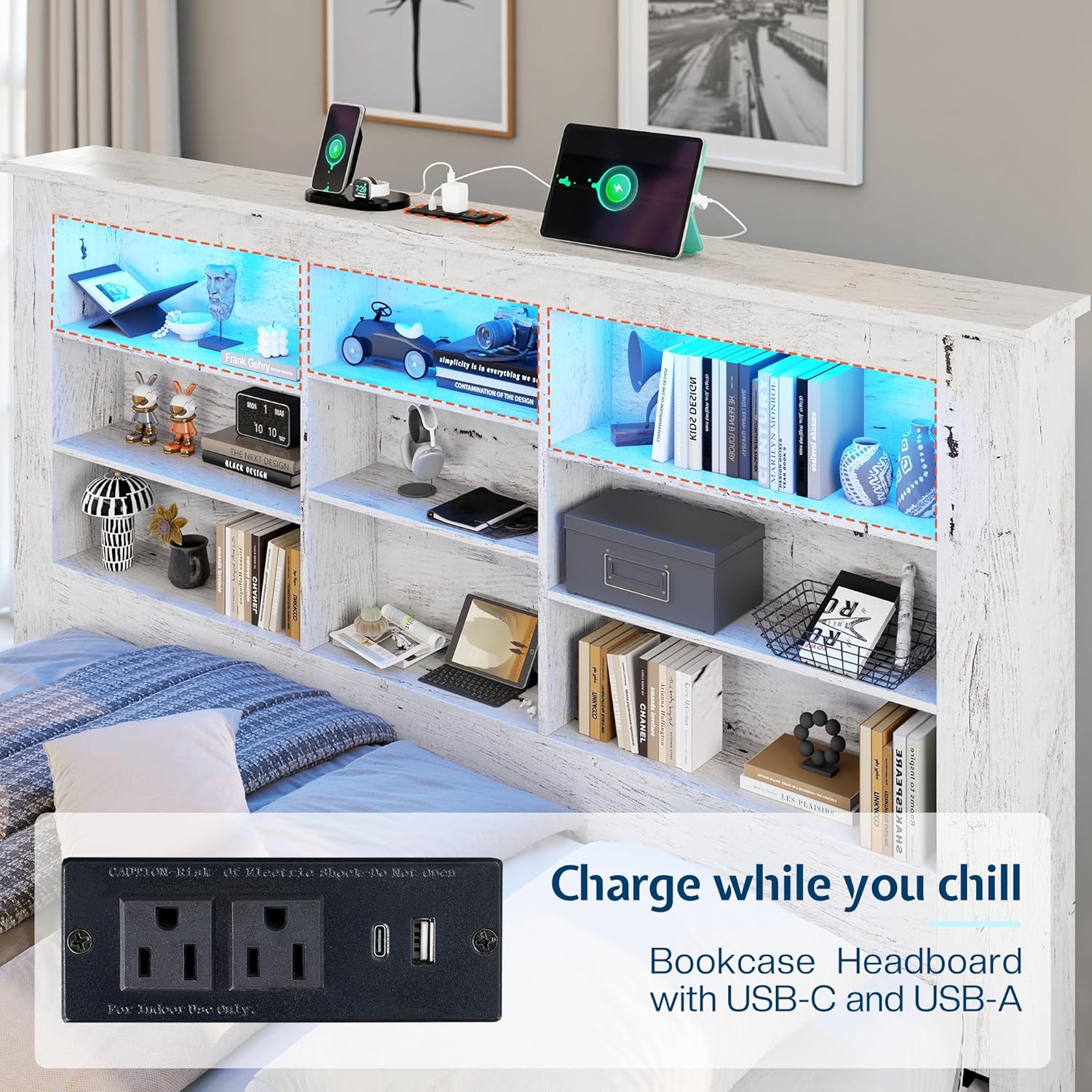 Jocisland Twin Bed Frame with Storage Drawers, Bookcase Headboard, USB Charging, RGB Lights, Farmhouse Wood Daybed No Box Spring Needed, Distressed White | 49" tall shelving, 3 rolling drawers, RGB sync LED, Built-in AC ports, 800 lb support