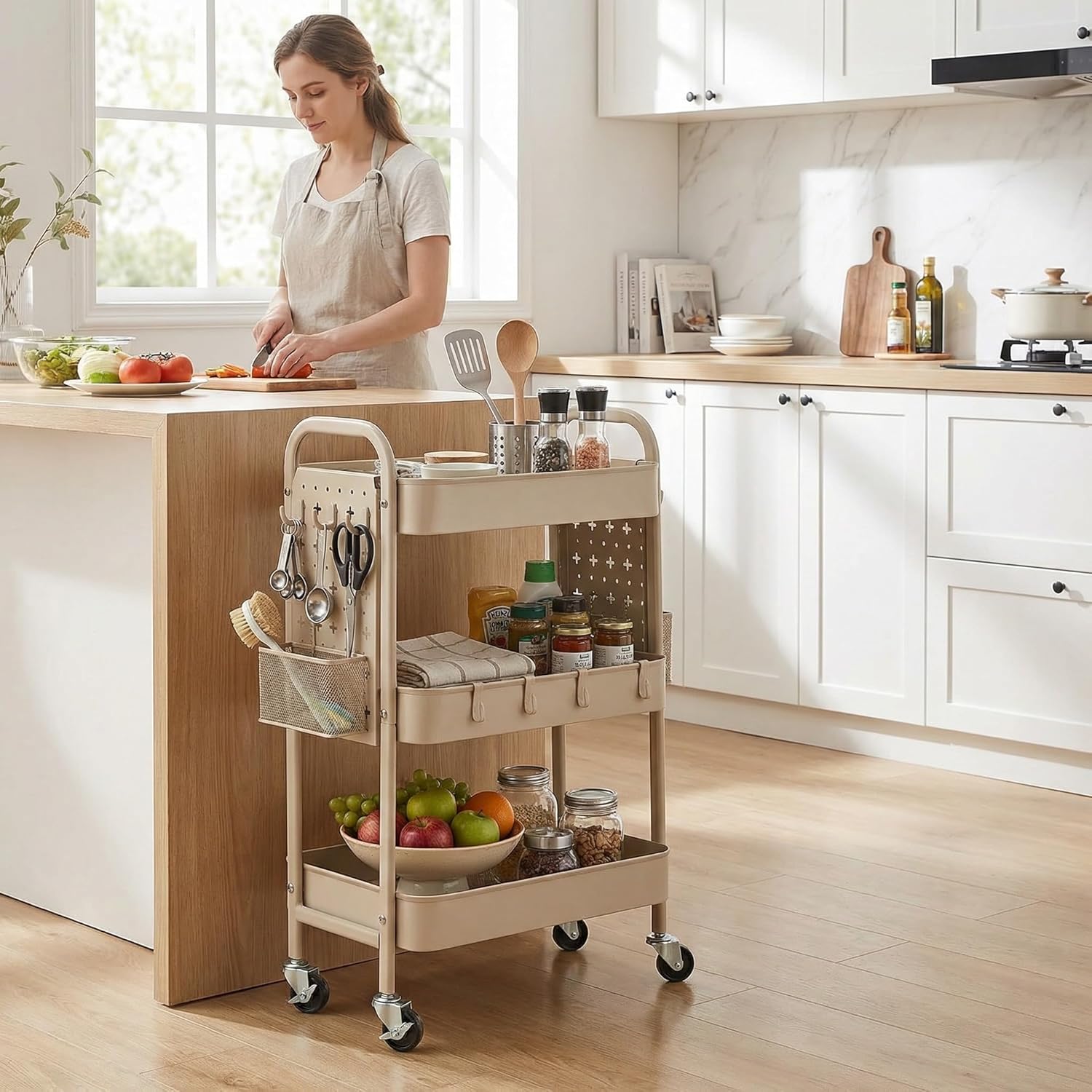 3 Tier Rolling Cart with DIY Pegboards & Mop Holder, Metal Utility Cart with Wheels, Hooks and Bins, Storage Organizer for Bathroom, Laundry, Kitchen, Office, Craft Room (Khaki)