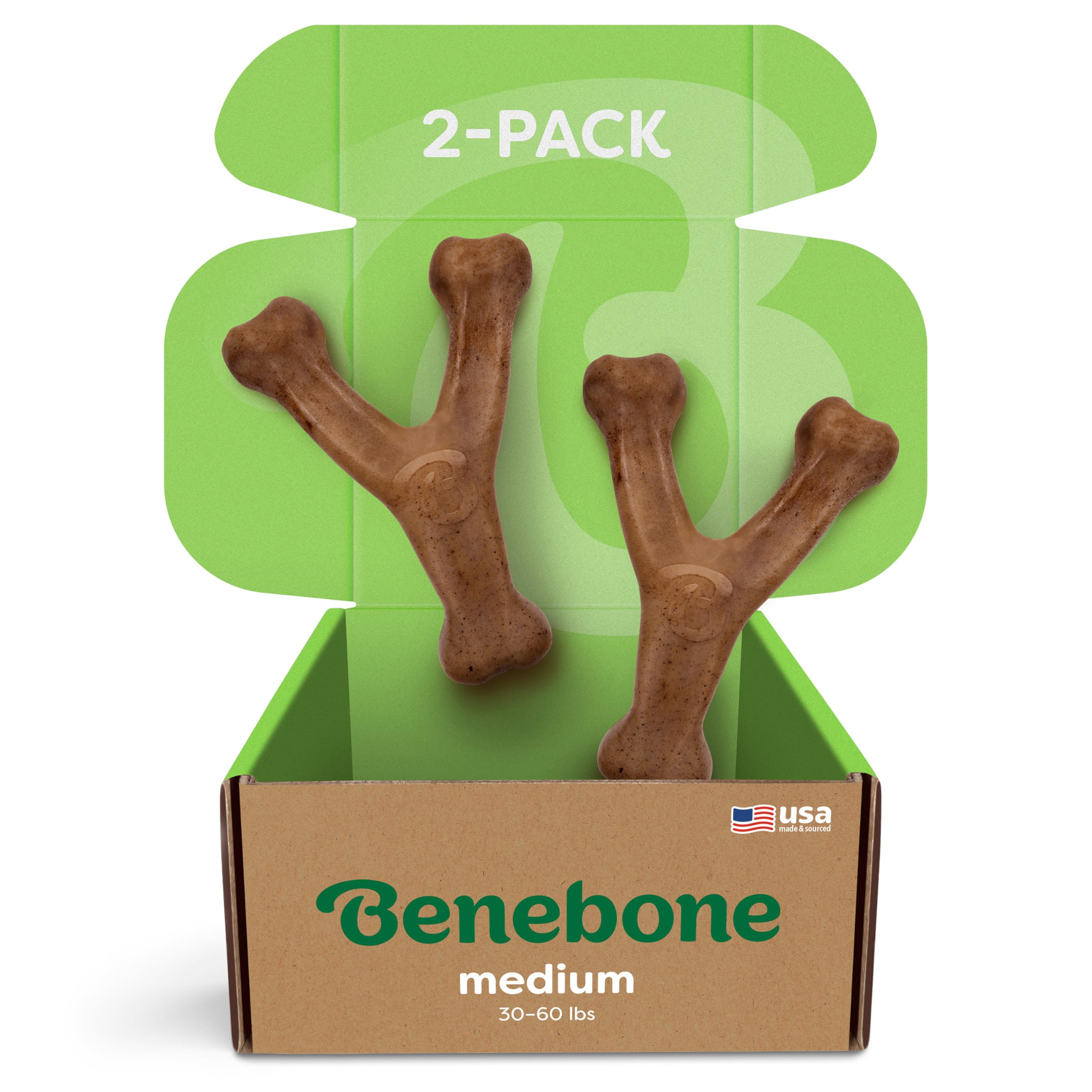 Benebone 2-Pack Wishbone Toy for Aggressive Chewers, Real Bacon, Medium