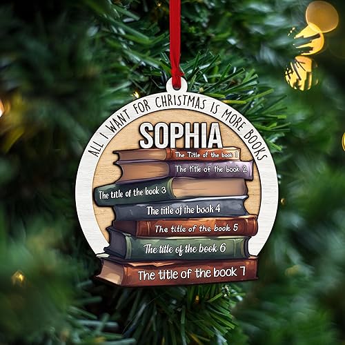 Miniatura 5 de MeMate Adorno de Navidad para amantes de los libros, adorno de libro personalizado, título de libros con nombre, adorno de madera 3D de 2 capas para