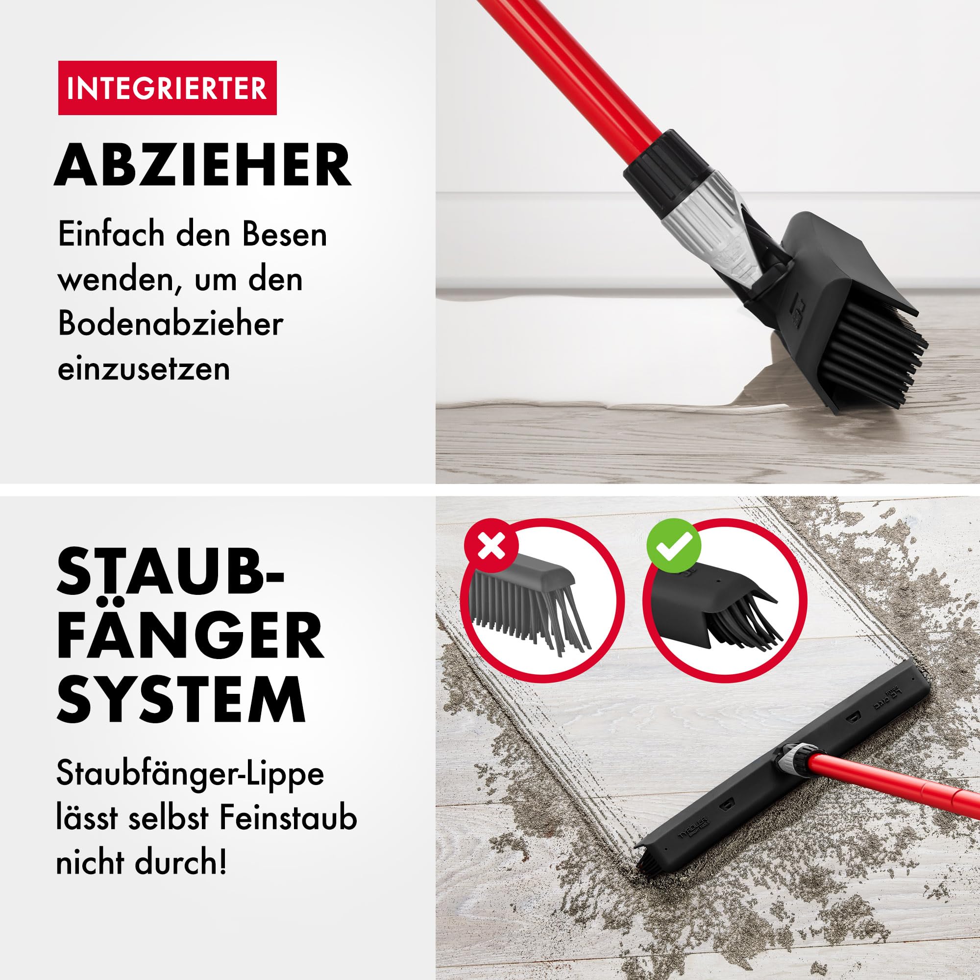 Tyroler Gummibesen & Bodenabzieher | Kehrbesen-Kopf aus 100% Naturkautschuk 41 cm | Besen mit Stiel und 140 cm Anti-Rost-Griff | Gummi-besen mit Abzieher | Gummibesen mit Stiel | Gummibesens Tierhaare