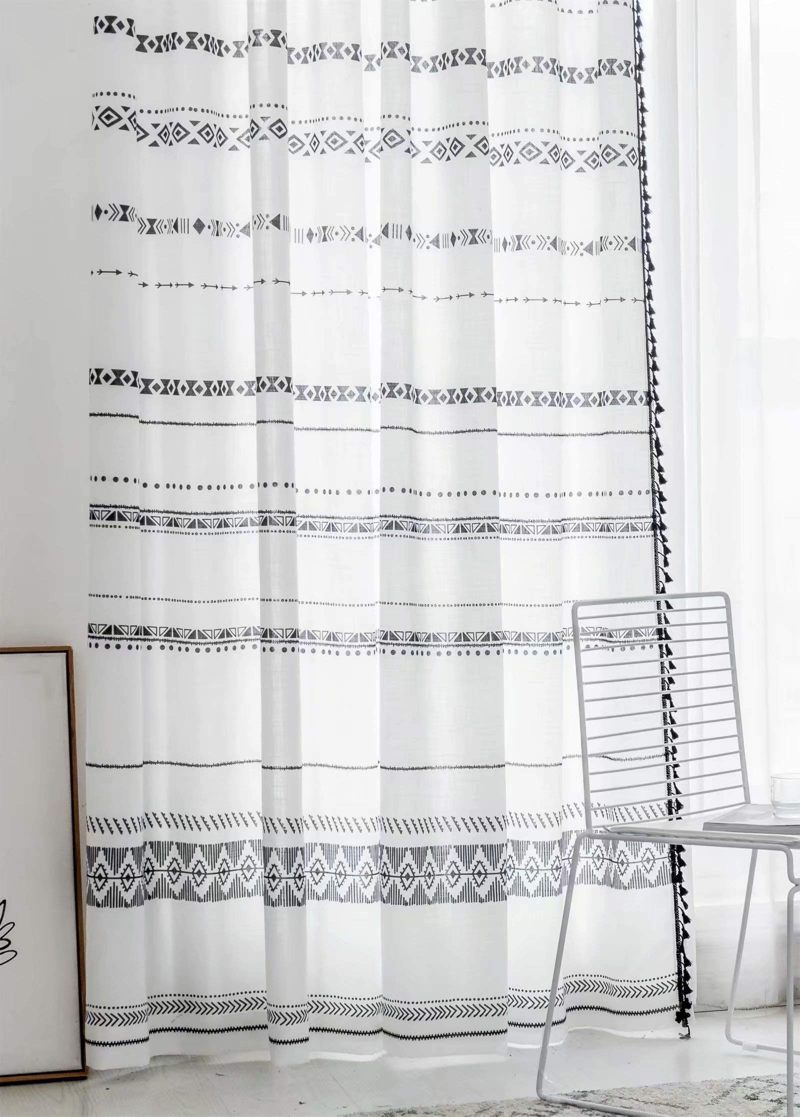 EASEFORU Boho Curtains with Tassels Semi Blackout Window Drapes,Grommet Geometry Room Darkening Window Curtains for Bedroom Living Room,1 Panel,55"×63"