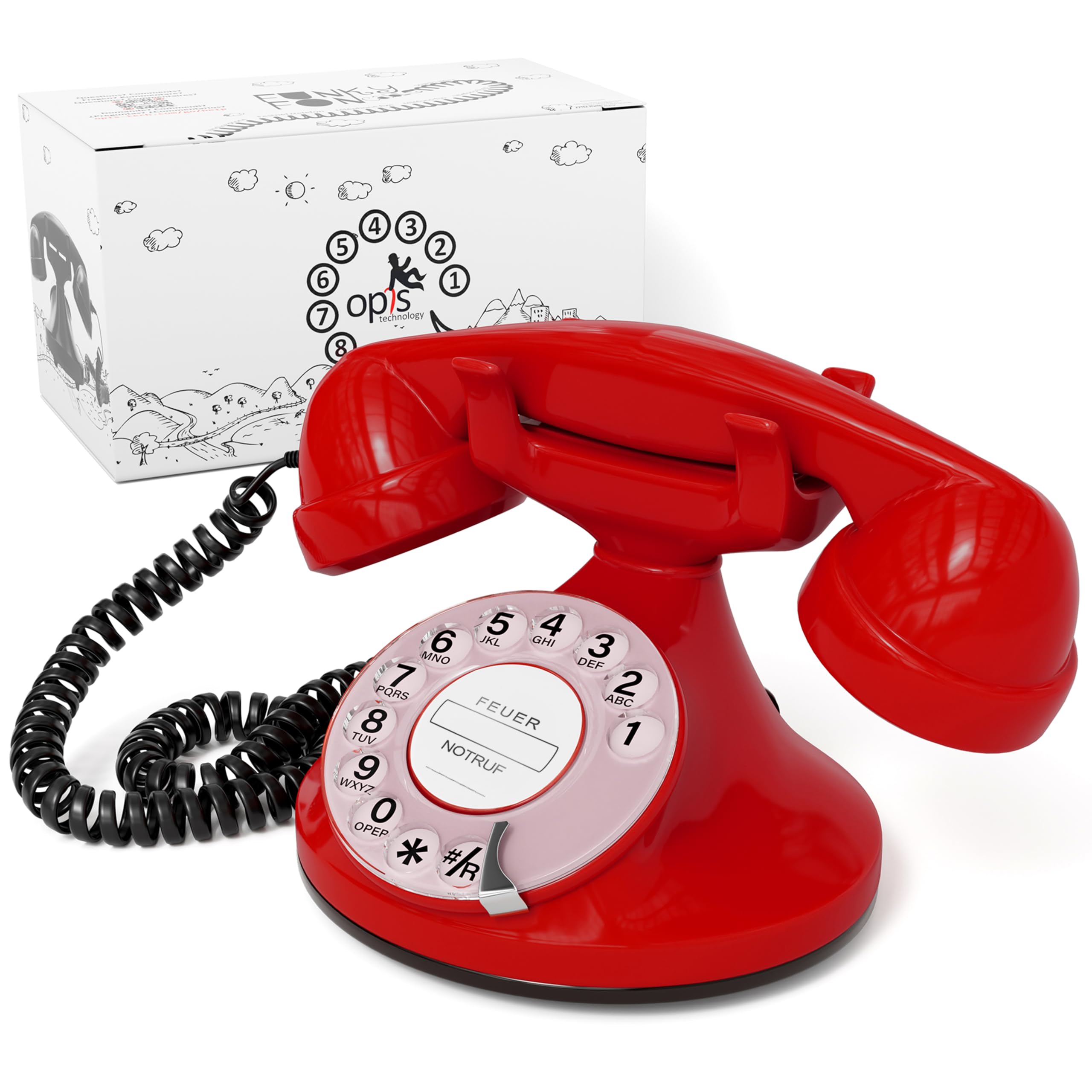 Opis FunkyFon Cable : Das Nostalgie Retro Telefon mit Wählscheibe - Nachbau von klassischem Vintage Wählscheibentelefon im geschwungenem 1920er Stil mit elektronischer Klingel (rot)