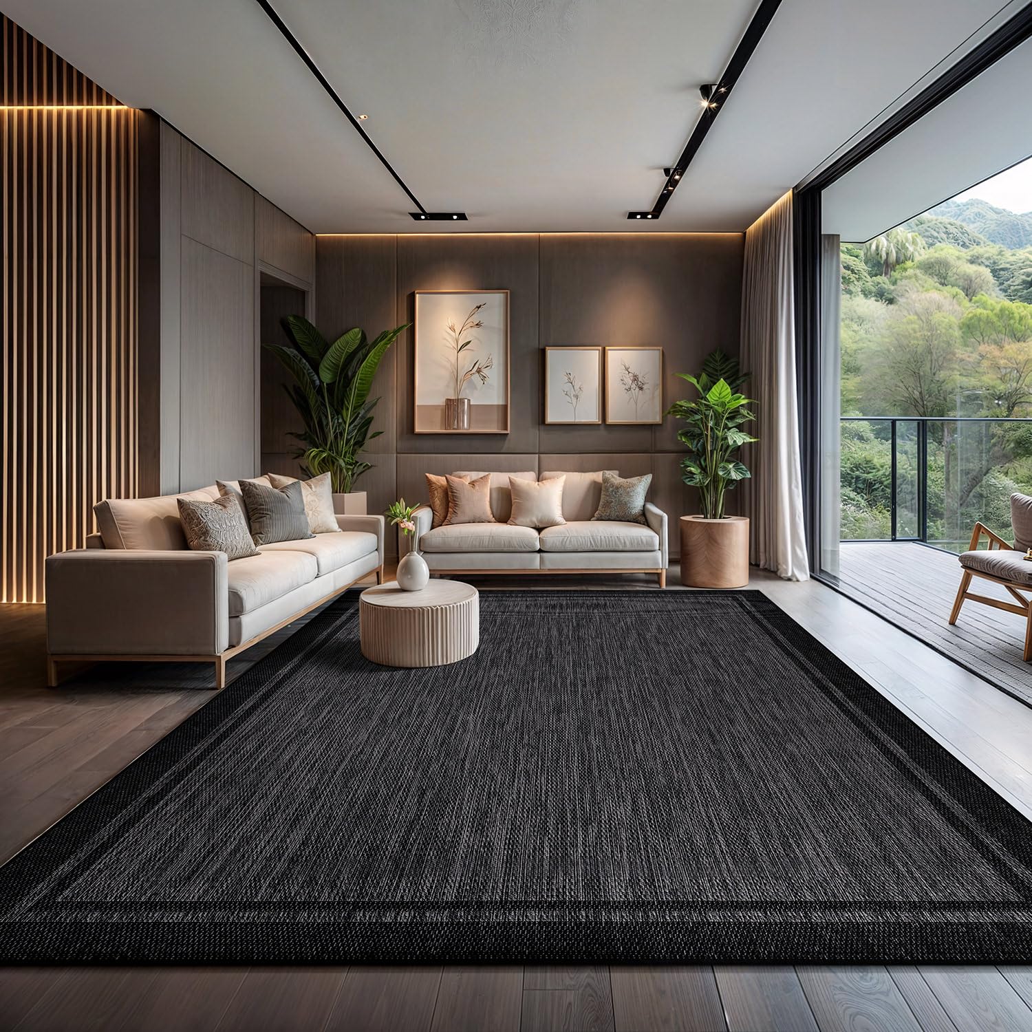 CAMILSON Indoor Outdoor Rug, 10x14 Bordered Dark Grey Black Modern Large Area Rugs for Indoor and Outdoor Patios, Kitchen and Hallway Mats, Washable