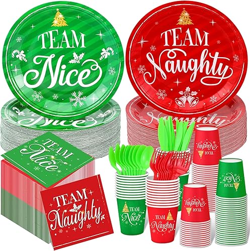 Juego de vajilla desechable de 350 piezas de Navidad, sirve 50 platos de papel traviesos o agradables, equipo travieso, equipo travieso,