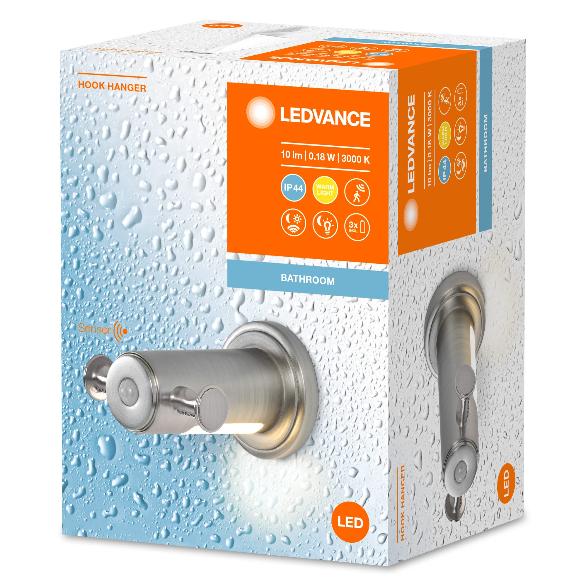 Ledvance, LEDVANCE BATHROOM wieszak na ręcznik z lampką nocną, 0,18 W, 10 lm, ciepłobiałe światło 3000 K, bateria w zestawie, czujnik światła dziennego i ruchu, długa trwałość, IP44