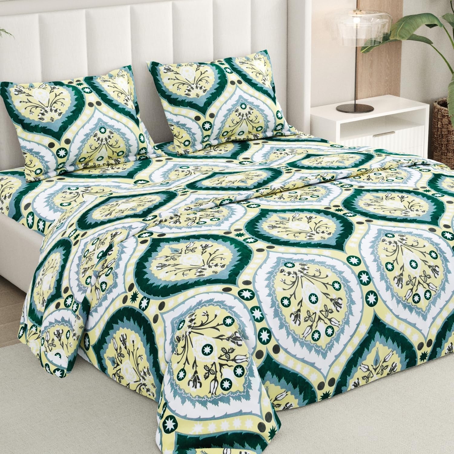 Rivermoor 200 TC Ultrasoft Bedsheet for Double Bed | Queen Size Bed Sheet with 2 Pillow Covers | Green Floral Print | 88 x 96 Inches | Breathable & Hypoallergenic