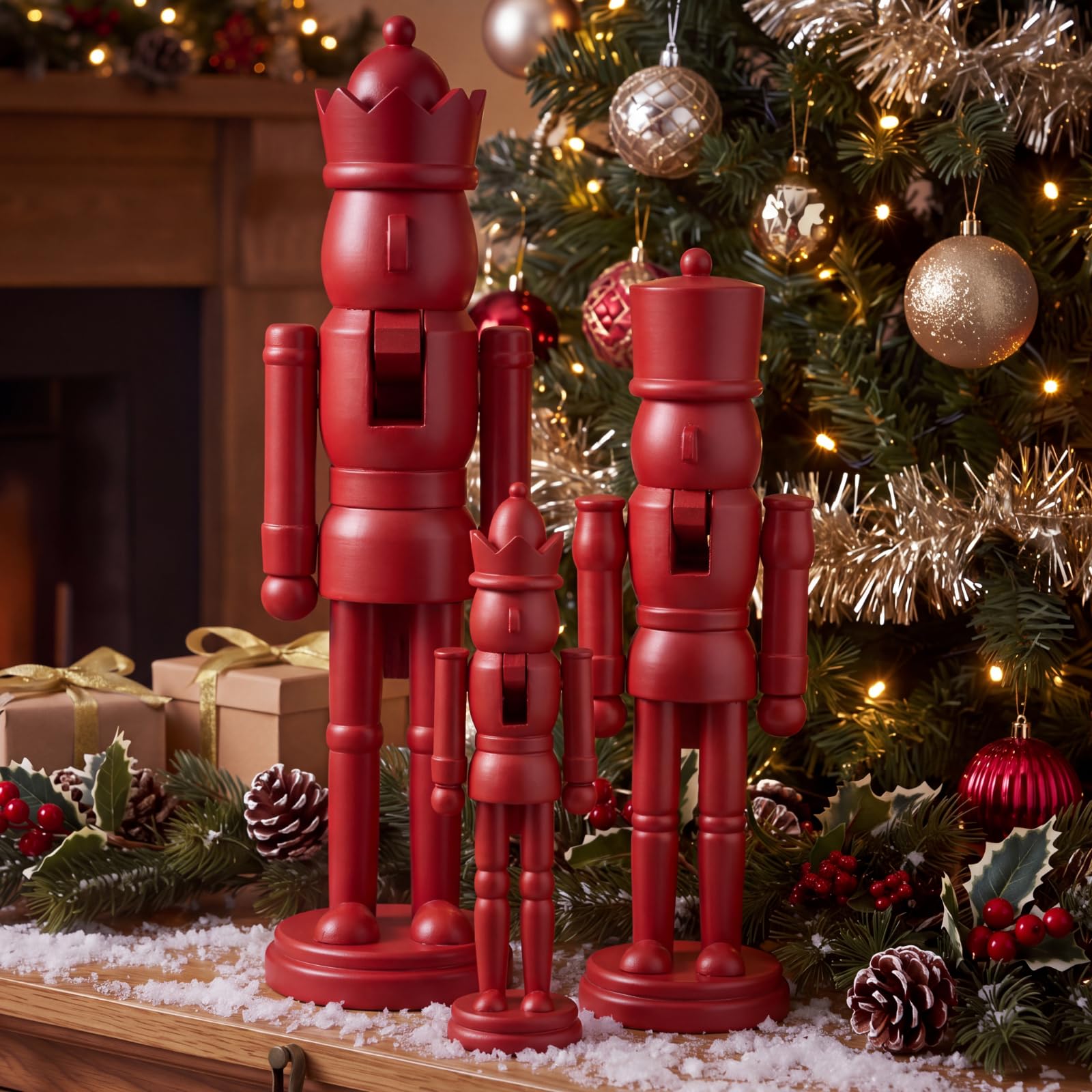 Amyhill 3 Pcs Christmas Nutcracker Ornaments Decor, Burgundy Red, Wooden