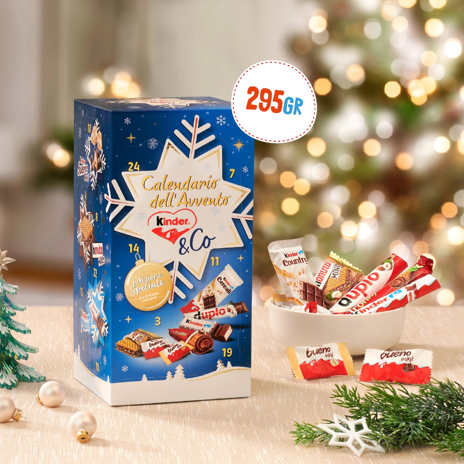 Kinder & Co - Calendario Avvento 2025, 24 Cioccolatini e Snack Assortiti Kinder & Ferrero, Edizione con Due Ricette Speciali, Idea Regalo, Confezione da 295 gr