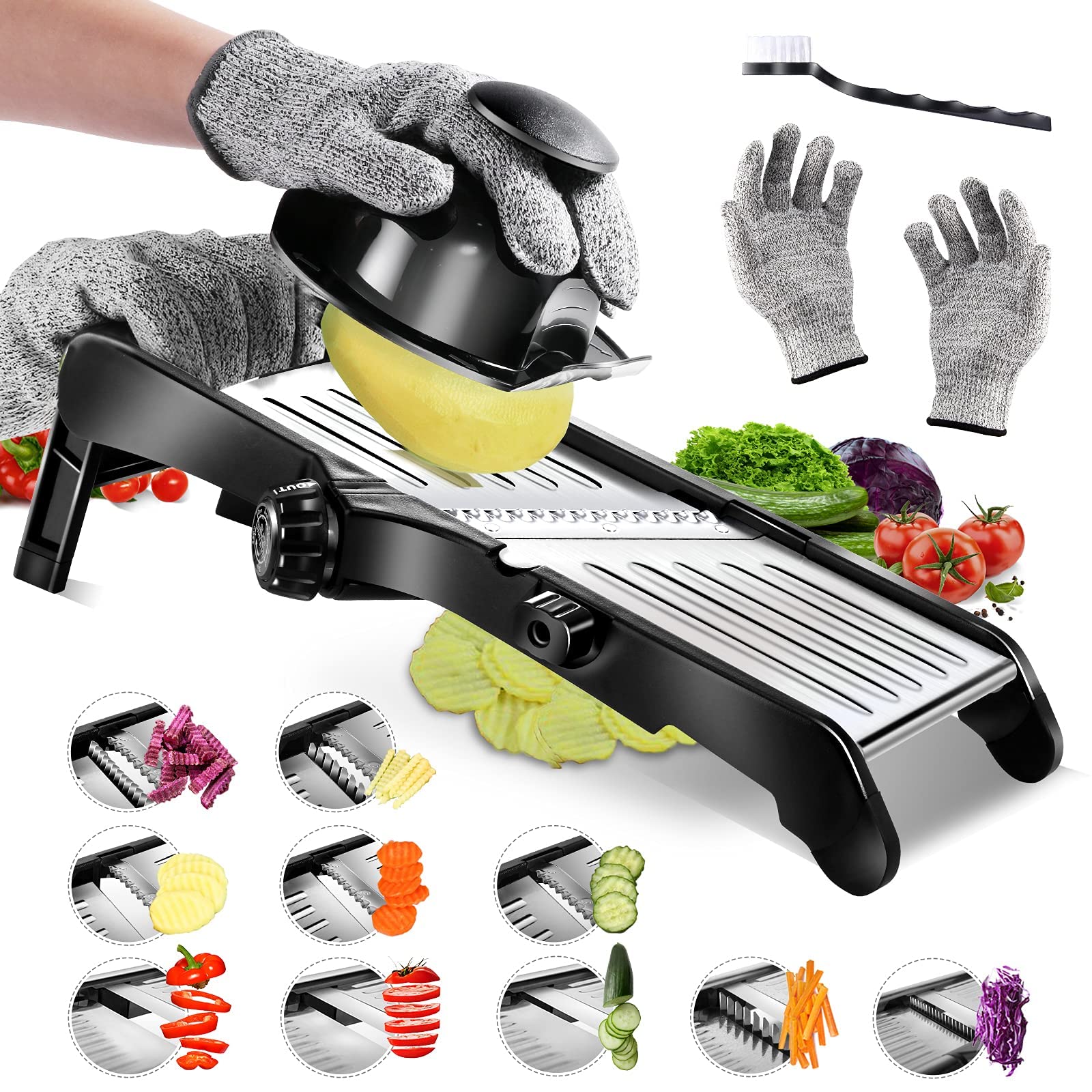 Masthome 10-in-1 Mandoline Slicer-Adjustable Stainless Steel Vegetable Cutter-Foldable Non-Slip Slicer with Removable Blade-Safety Gloves Brush for Potato Onion Cucumber
