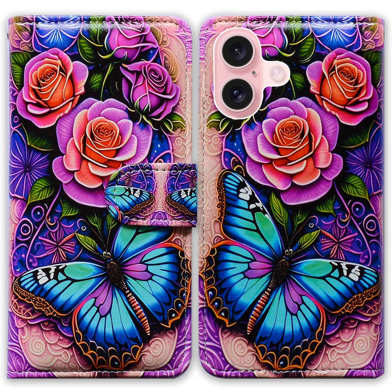 Bcov Case for iPhone 16,Blue Butterfly Flowers Rose Leather Flip Phone Case Wallet Cover with Card Slot Holder Kickstand Case for Apple iPhone 16