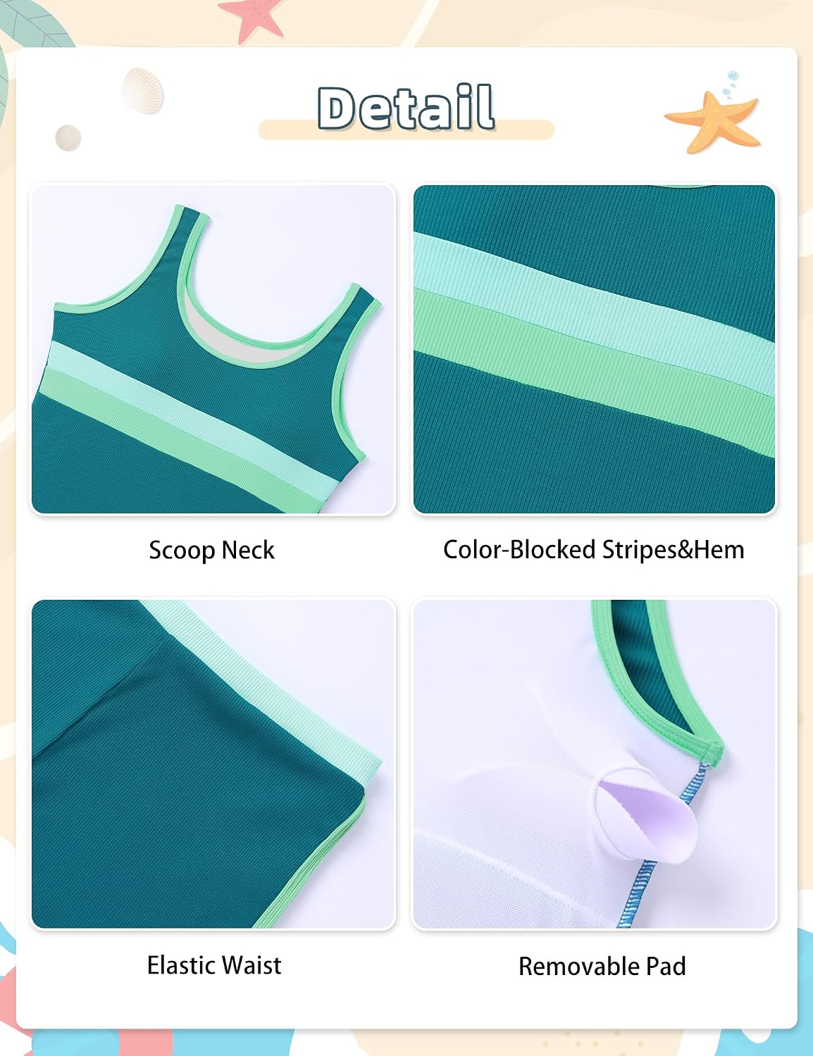 Girls Swimsuit Ribbed Color-Blocked Bathing Suit Scoop Neck Tankini Tops with Boyshort Girls Swimsuits Size 6-14