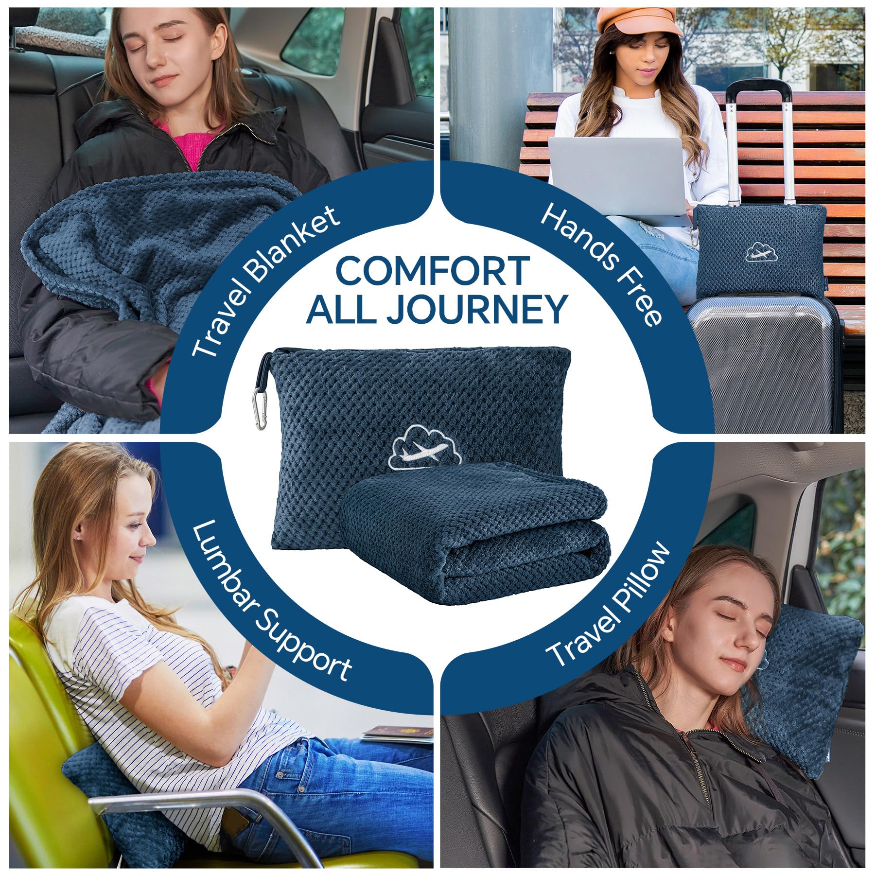 BEDELITE Travel Blanket with Bag, Jacquard Fleece Blanket 65"x40", Navy view 3