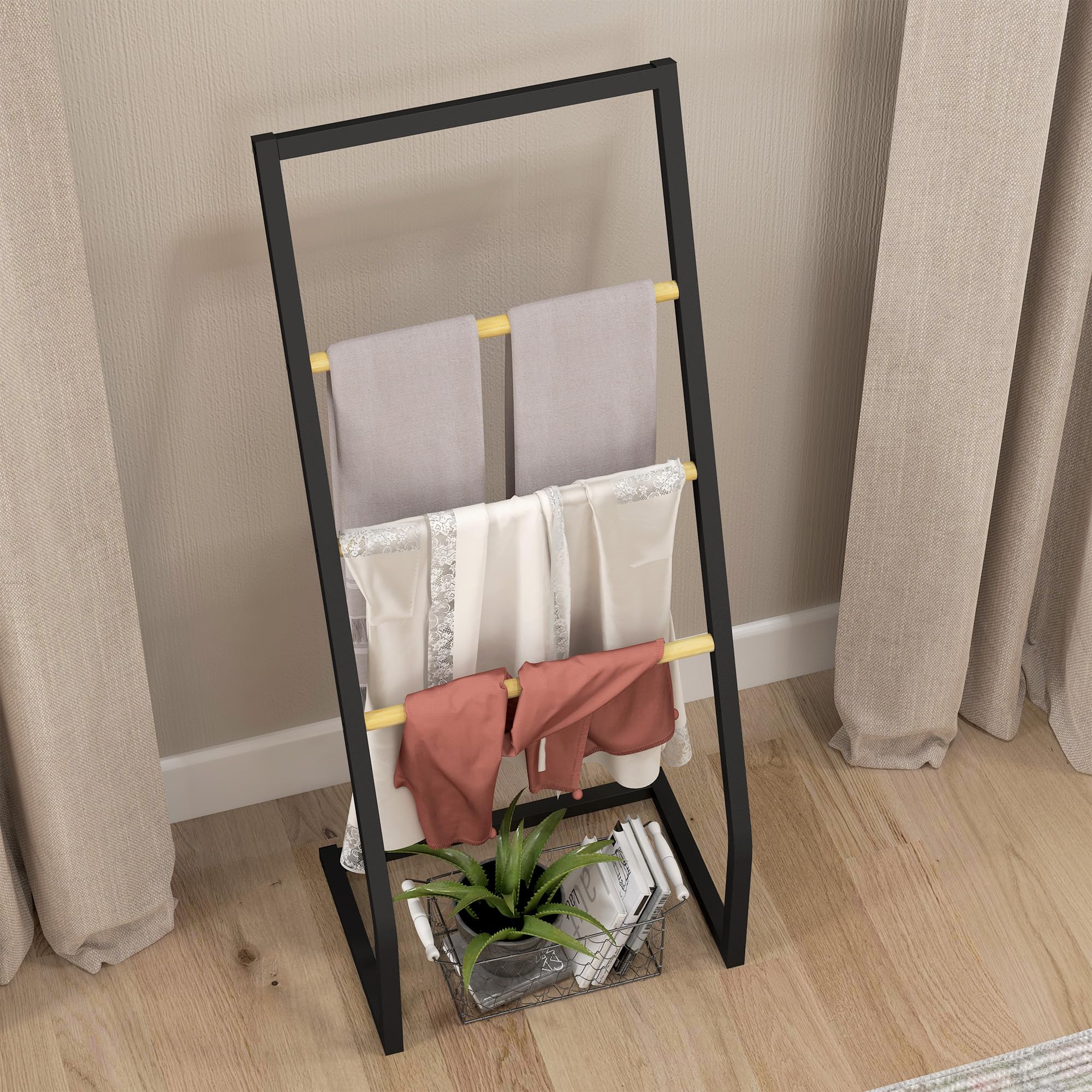 HOMCOM Toallero de Pie Toallero para Baño con 4 Barras de Bambú y Acero para Lavadero 40,5x28x98 cm Negro y Natural