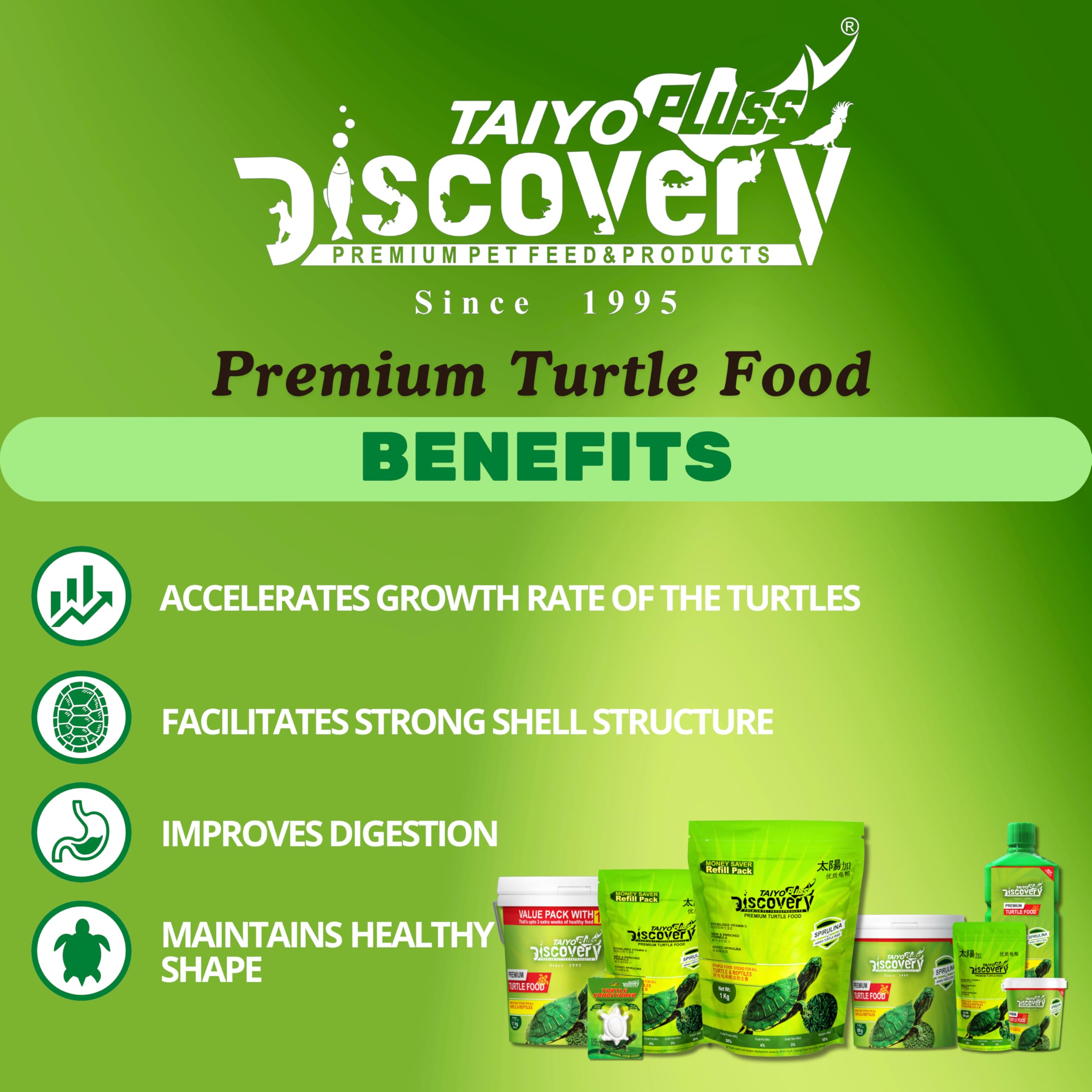 Taiyo Pluss Discovery Turtle Food - 1 kg Refill Pouch + 100 g Pouch Free (Improved Formula) | Complete Daily Nutrition Sticks with Spirulina & Vitamin C | Supports Shell Strength & Growth 2