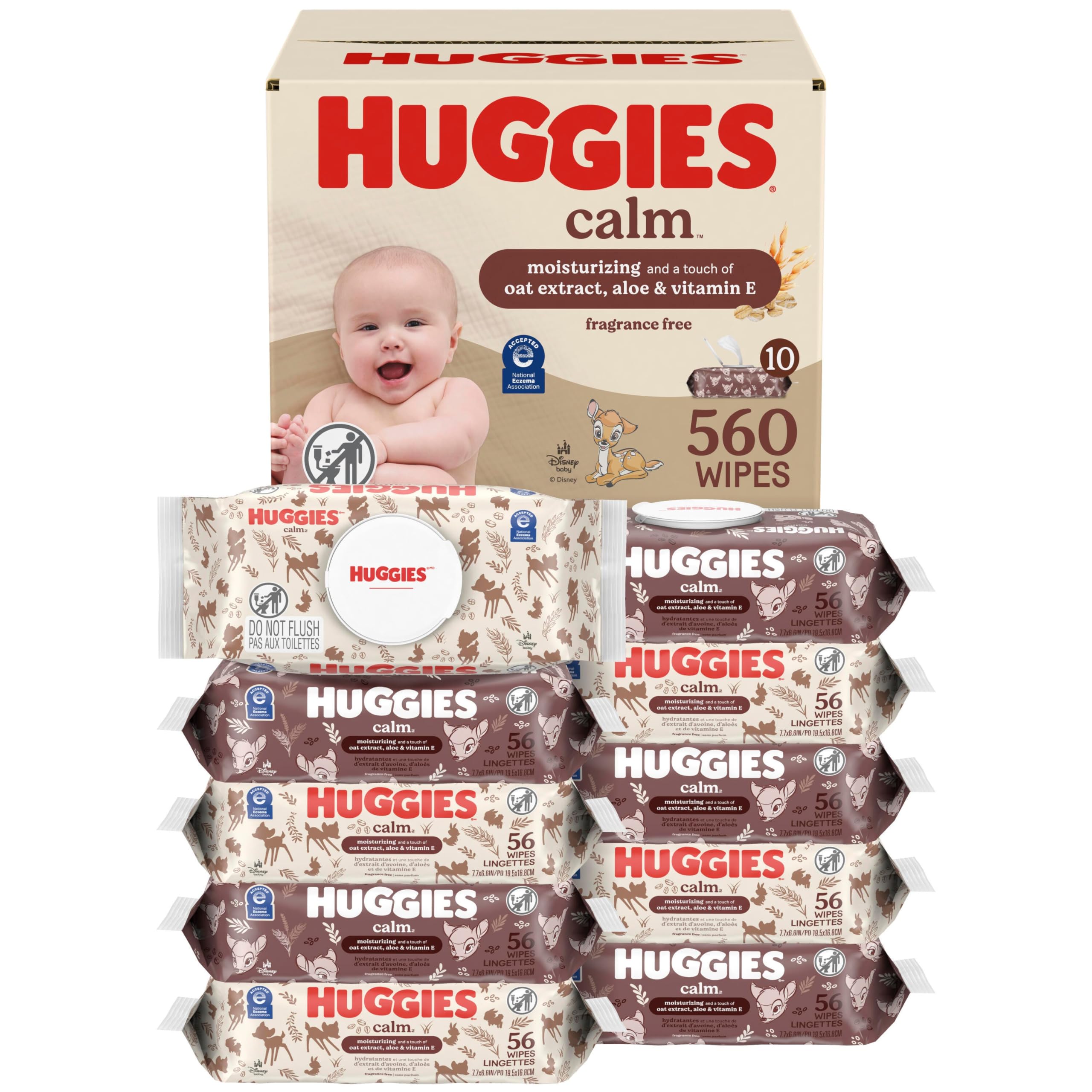 Huggies Calm Baby Wipes, Unscented, Hypoallergenic, 10 Push Button Packs (560 Wipes Total) - 2