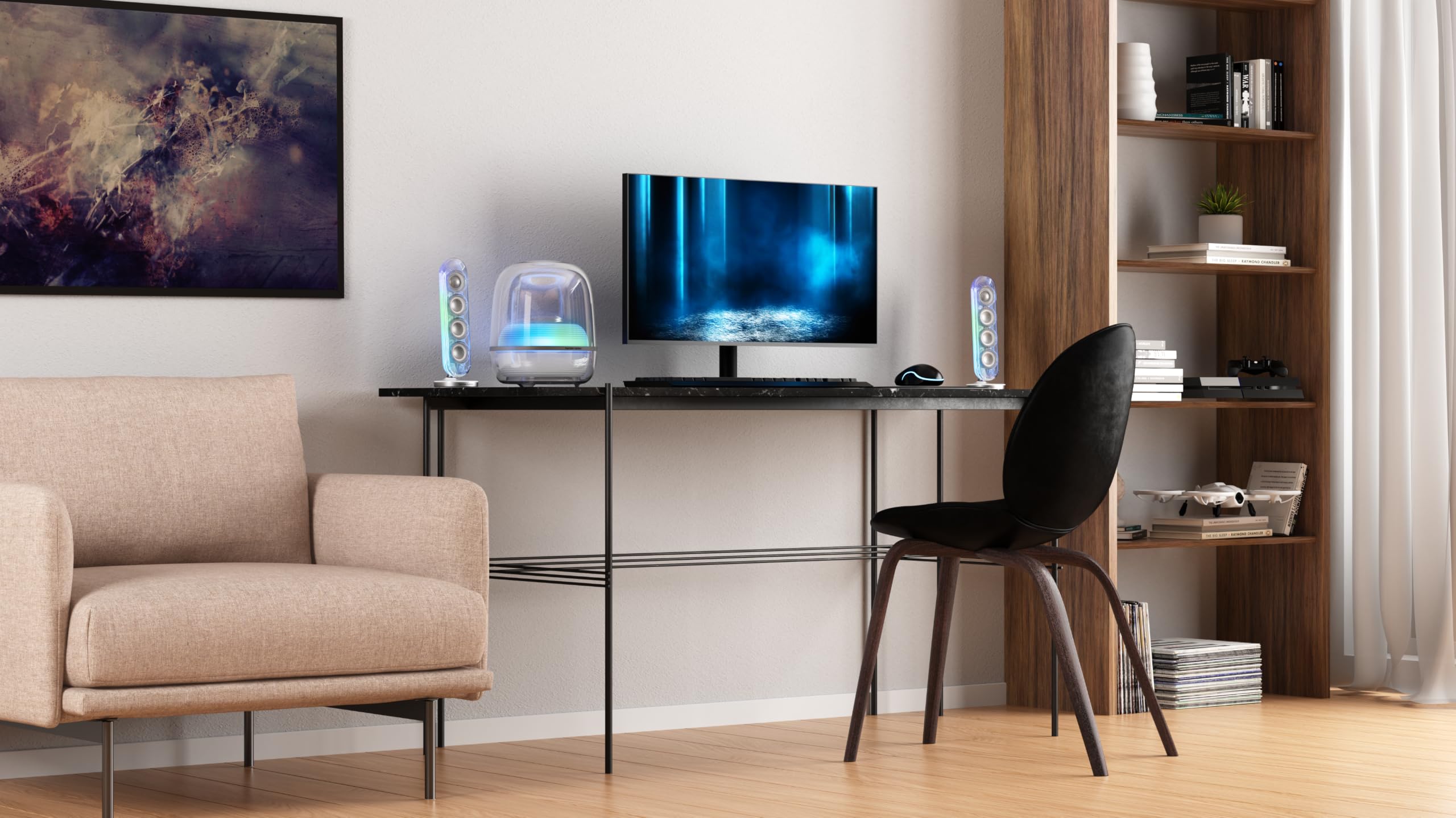 Harman Kardon SoundSticks 5 Altoparlante Bluetooth per la Casa, Design a 3 Vie, Connettività HDMI ARC a Cavo Singolo, Connessione Multi-Speaker con Auracast, Giochi di Luce e Colori, Bianco