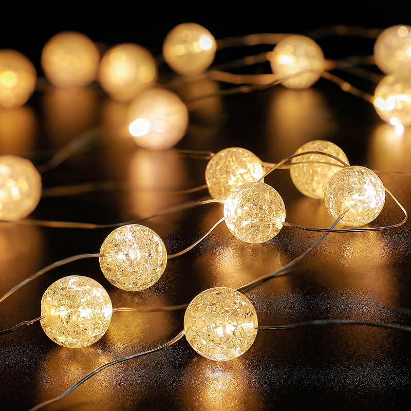 Cadena de luces de globo, 30 luces LED decorativas de Navidad, 8 modos de luces de bola de cristal crujiente, luces de hadas USB centelleantes para dormitorio, interior, exterior, aula, boda, fiesta, jardín, blanco cálido