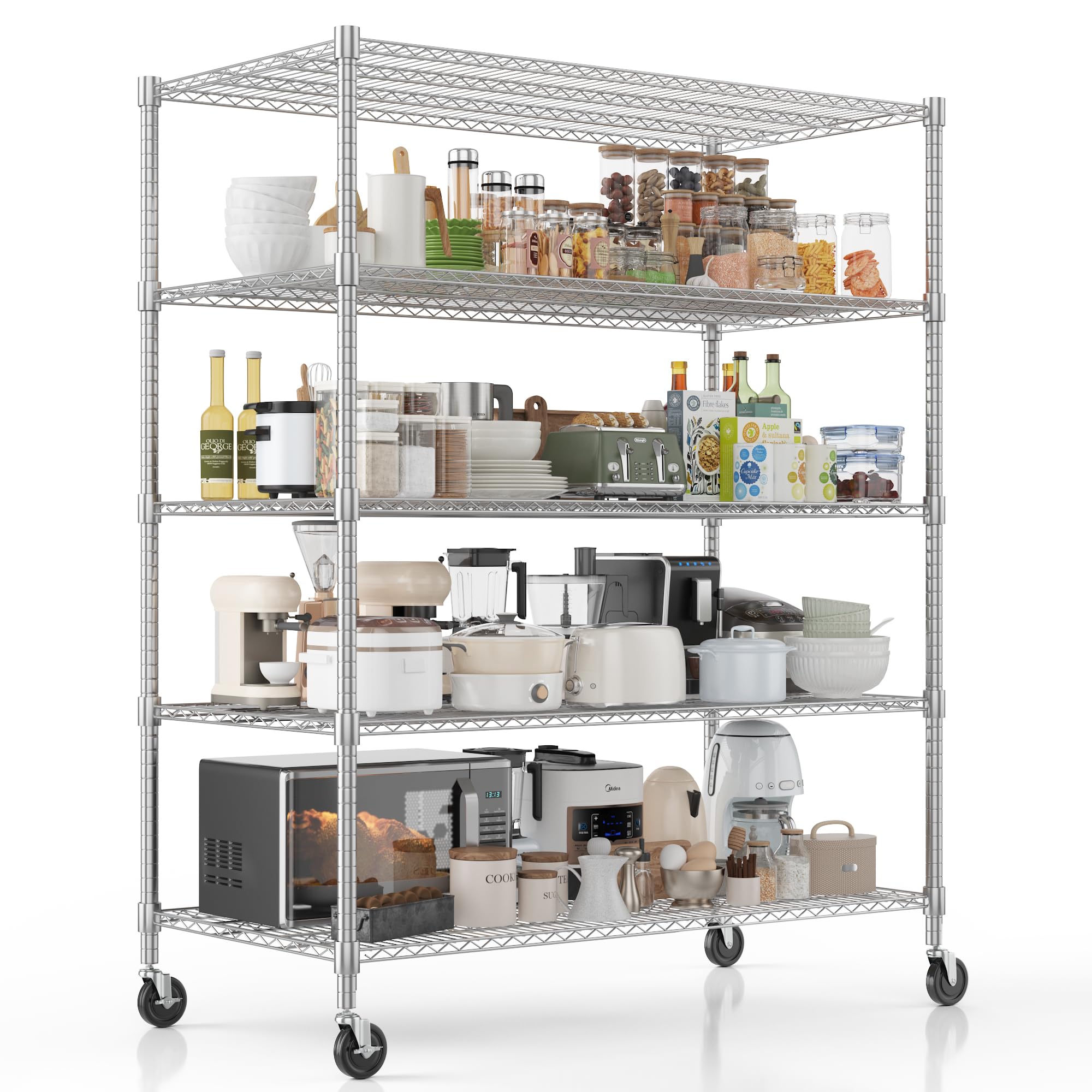 Homdox 5 Tier Heavy Duty Storage Shelves, Wire Shelving Unit with Wheels, Commercial Adjustable Metal Shelves for Storage, Garage Rack Pantry Shelves