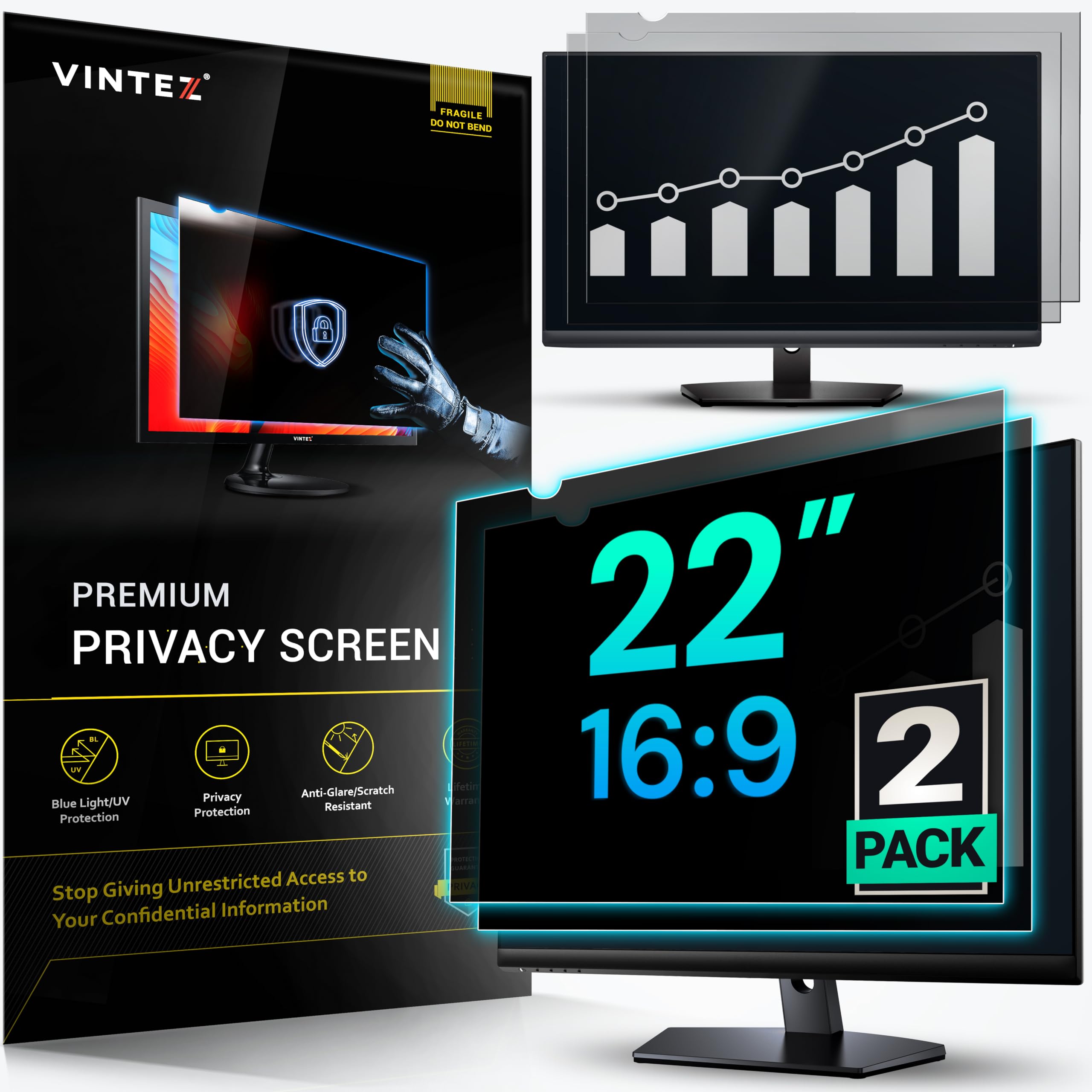VINTEZ [2 Pack] 22 Inch 16:9 Privacy Screen for Computer Monitor and Laptop - Anti Glare Protector Film Blue Light Filter Eye Protection - Computer