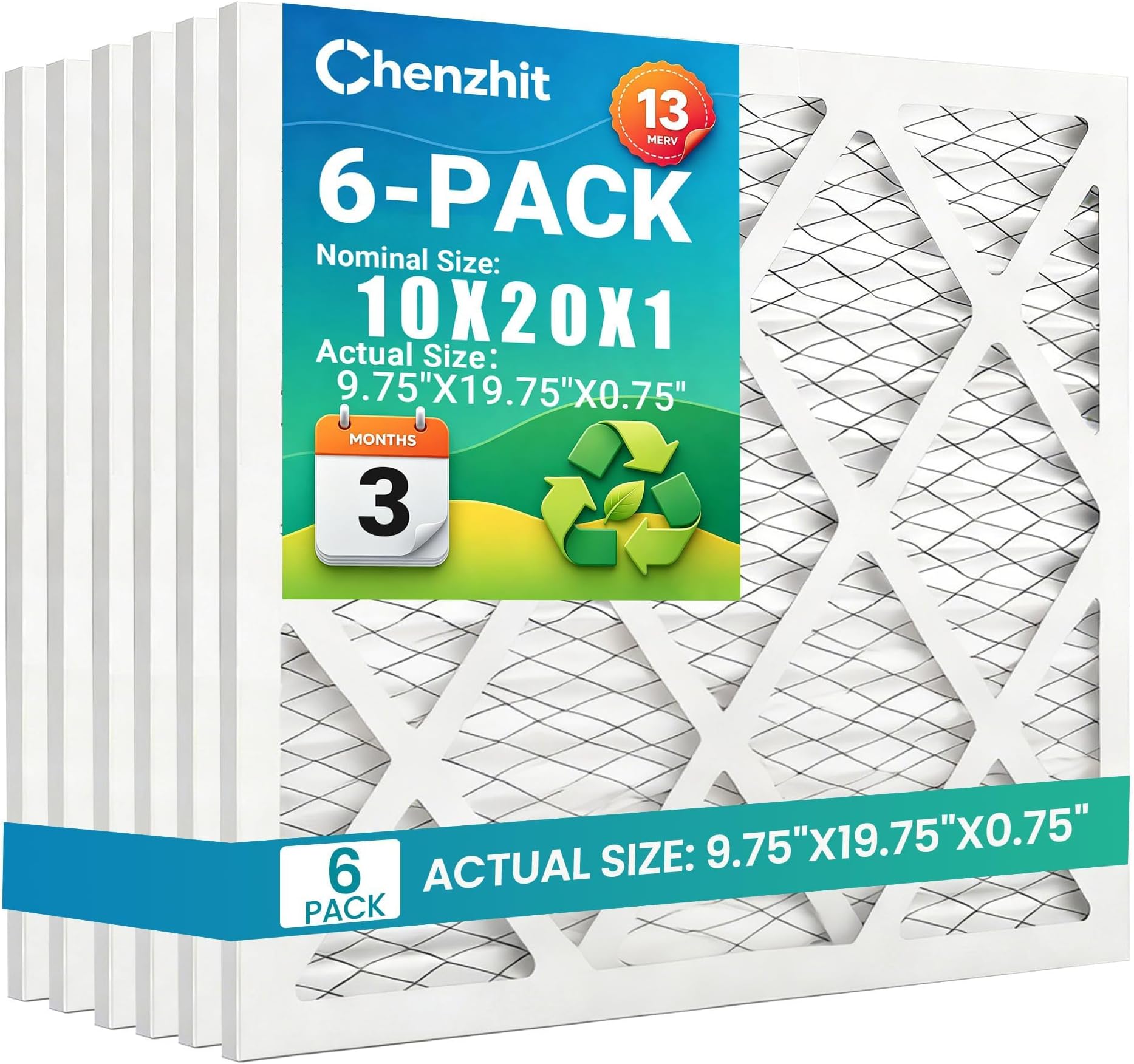 (6 Pack) 10x20x1 Air Filter, MPR 1900 & FPR 10, MERV 13 Pleated Air Filter (Actual Size:9 3/4x19 3/4x3/4 inch)