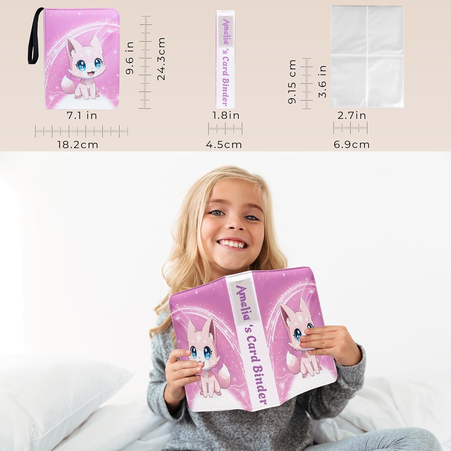 Trading Card Binder 4 Pocket Gifts for Girls, 440 Pockets Pink 3 Ring Binder, Includes Name Tag, Tab Stickers, Cards Binder Album Book Holder Case for Baseball Football Sports Tcg Binder