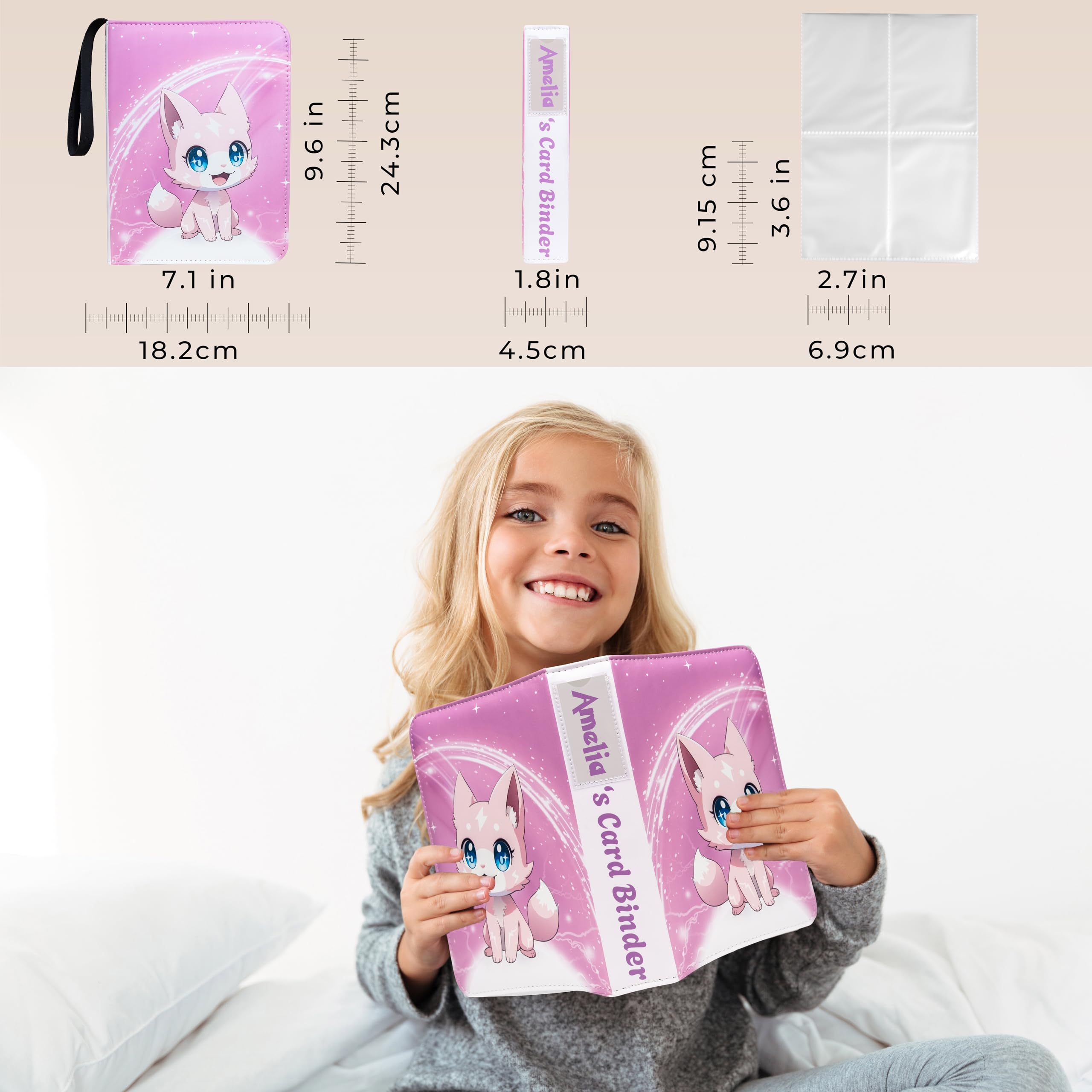 Sammelkartenbinder 4 Taschen Geschenke für Mädchen, 440 Taschen Rosa 3 Ringbuch, inklusive Namensschild, Tab Aufkleber, Karten Binder Album Buchhalter Fall für Baseball Fußball Sport TCG Binder