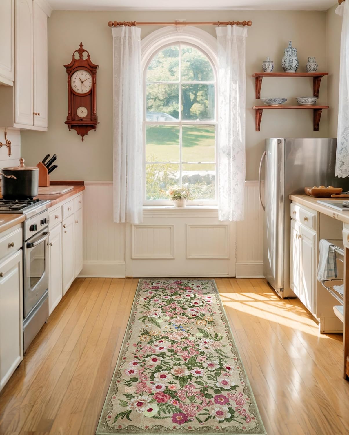 Floral Runner Rug 2x6 - Washable Vintage Kitchen Rug Low Pile Non-Slip Carpet for Entryway Hallway, Laundry, Bedroom - Soft, Stain Resistant Indoor Area Rug - Brown