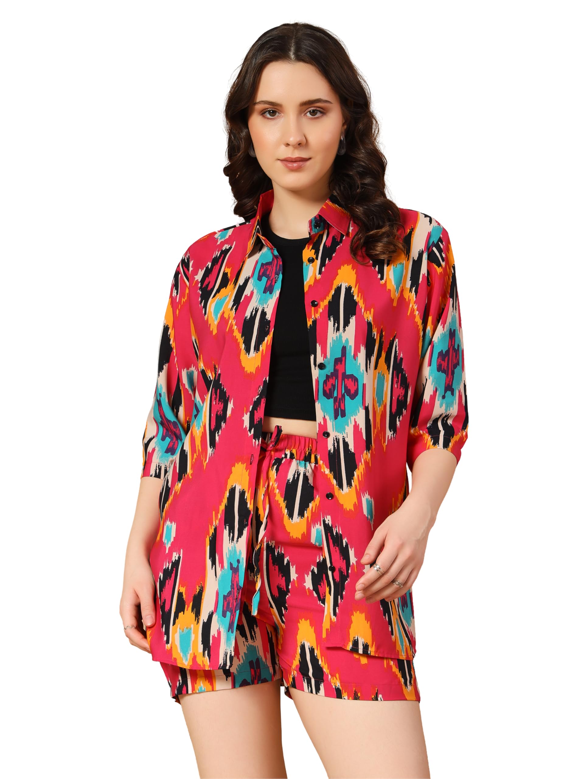 Kzully | Co-Ord Set With Two-Piece Dress, Top, Shorts | Casual Co-Ordination | Full Pair Set | Fancy Full Pair Set | Long Sleeve Shirt And Shorts | Co-Ord Sets For Women M