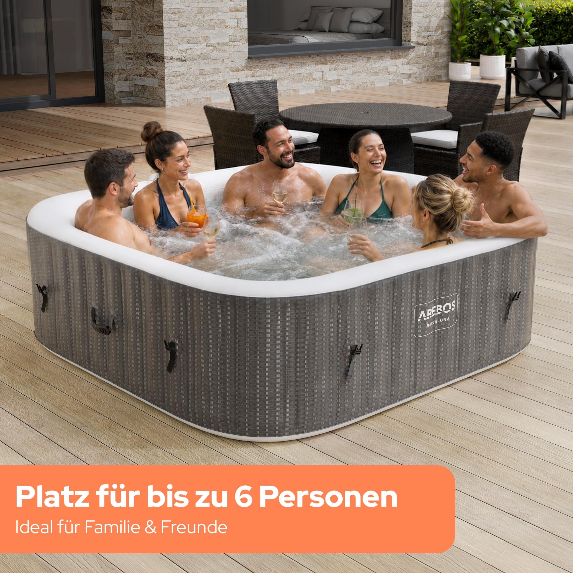 Arebos Spa Whirlpool 2400W | In-Outdoor Pool | für 6 Personen 185x185cm | 130 Massagedüsen, 910 L mit Heizung, Aufblasfunktion per Knopfdruck, inkl. Abdeckung, Bubble Spa & Wellness Massage