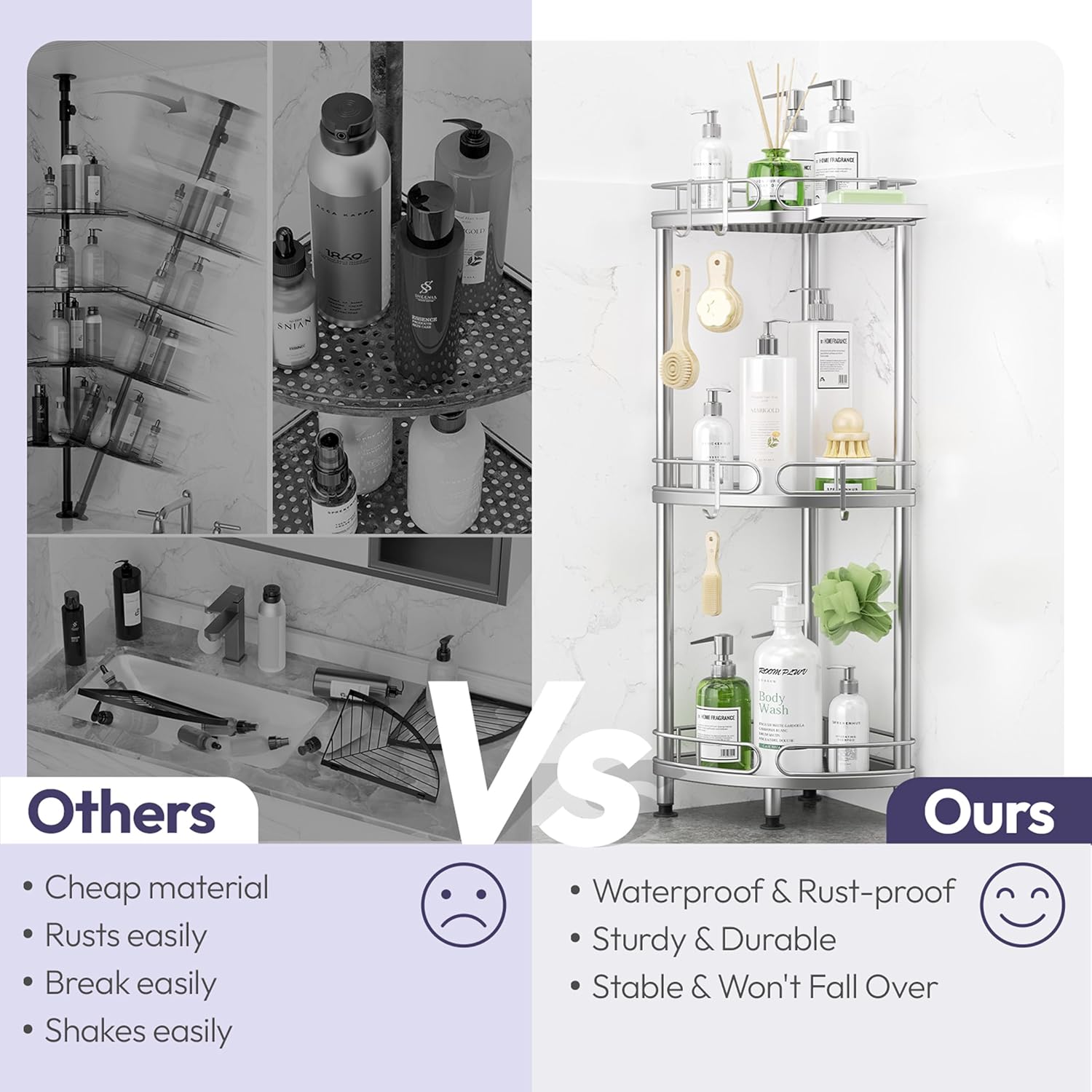 SWTYMIKI Corner Shower Caddy Standing - 3 Tier Rustproof Metal Shower Organizer Stand with Soap Holder and 4 Hooks, Freestanding Floor Shower Storage Stands for Bathroom, Silver