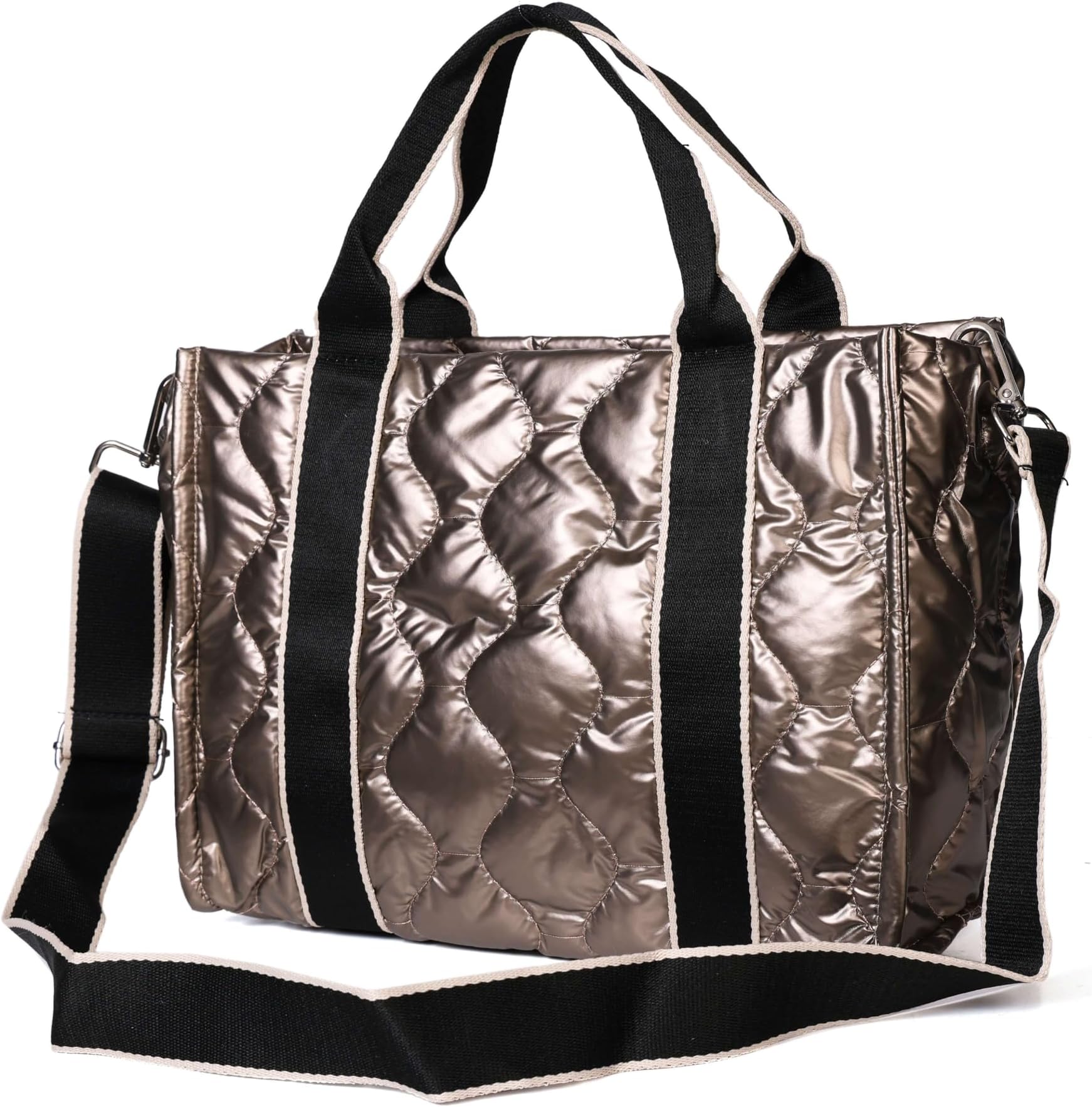 Niaami Women's Golden Textile Tote Bag Easy to carry 2 Pocket Stylish Chain Closure Handbag Purse for Girls, Birthday Gift