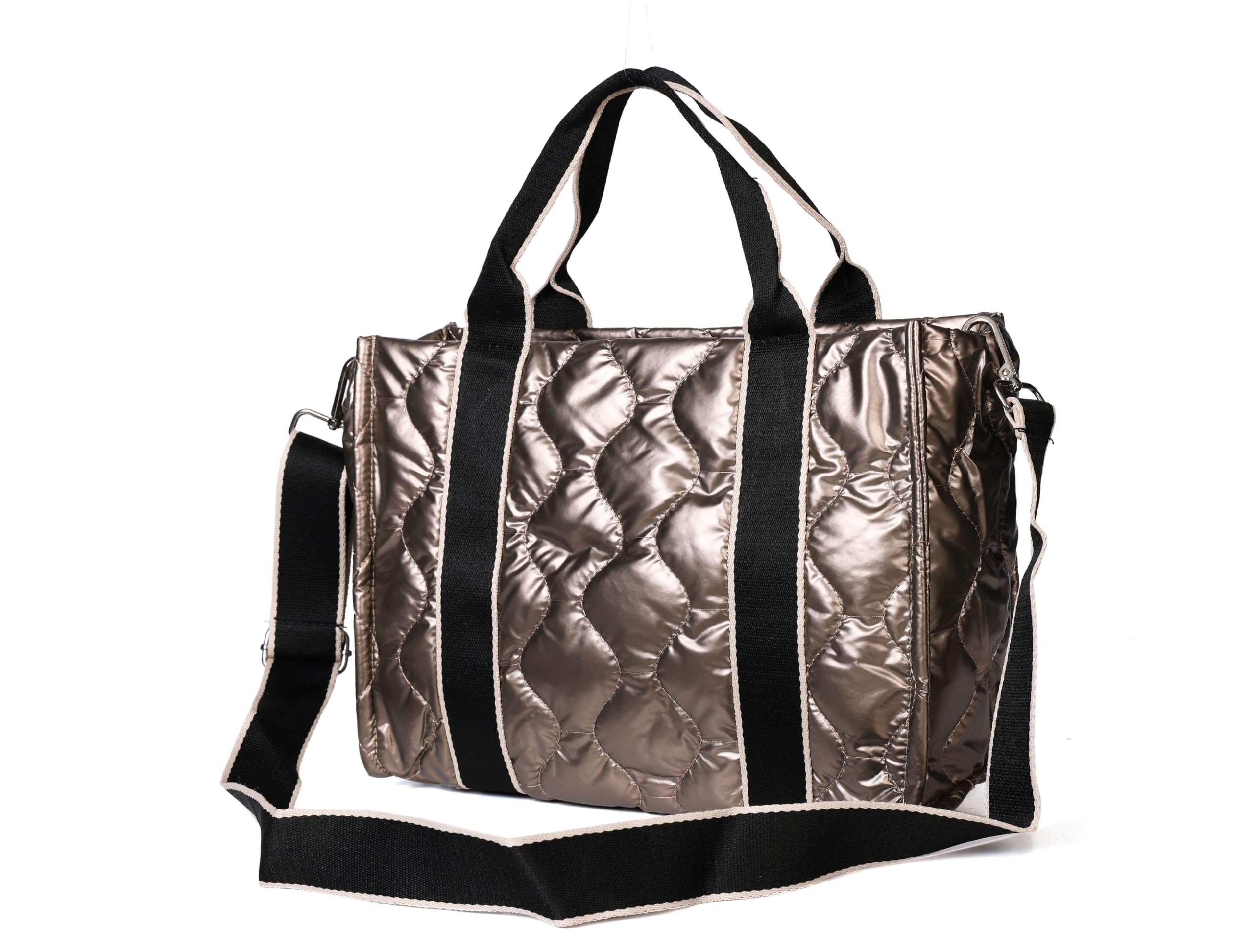 Niaami Women's Golden Textile Tote Bag Easy to carry 2 Pocket Stylish Chain Closure Handbag Purse for Girls, Birthday Gift