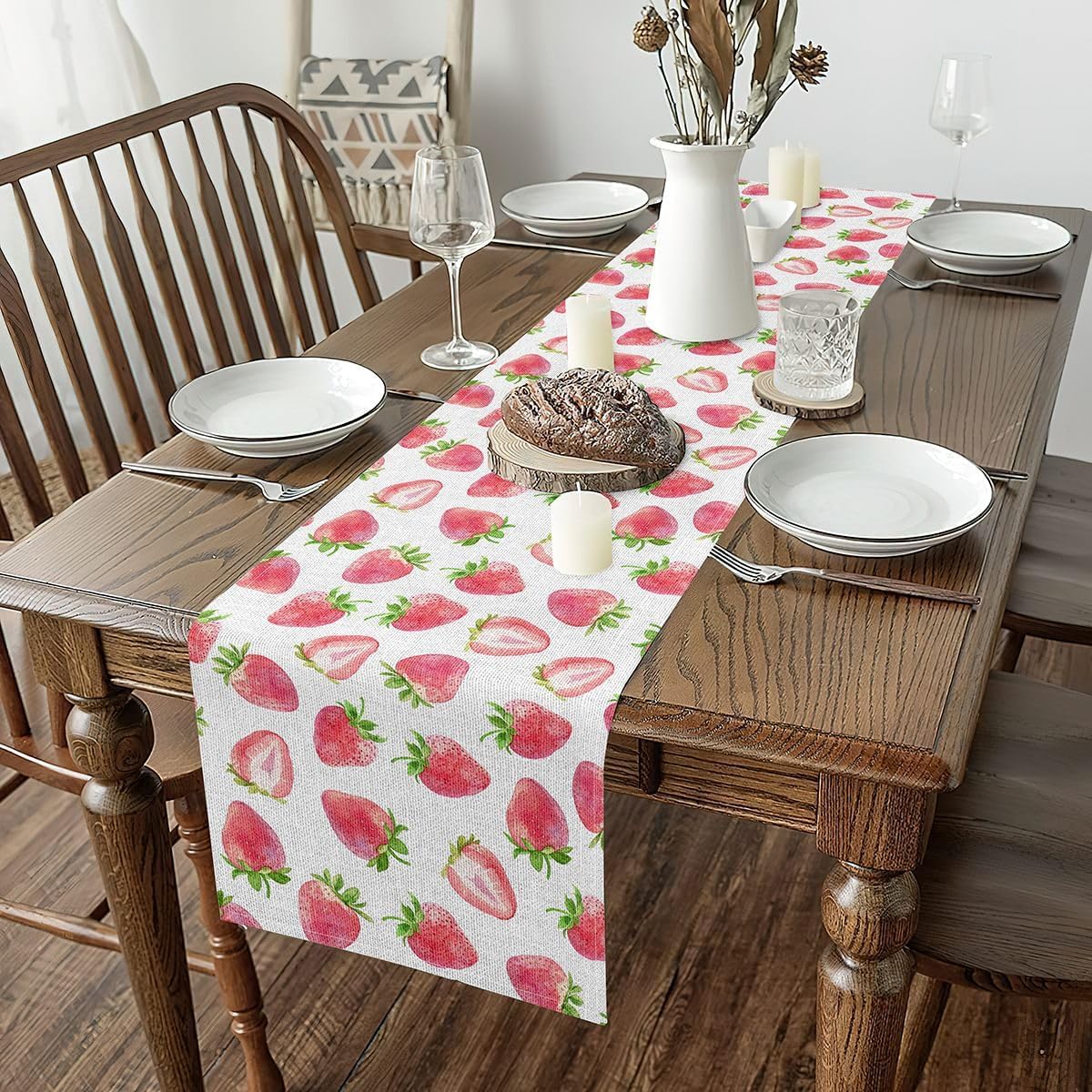 Feelyou Kids Pink Strawberry Table Runner 13" x 120"，Kawaii Cute for Table Dresser Runner, Fruit Summer for Dinning Kitchen Party Holidays Home Decoration