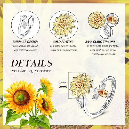 Miniatura 2 de LOYALLOOK 4 anillos giratorios de girasol, para la ansiedad, para el sol, la luna y la estrella, anillos ajustables para aliviar el estrés, anillos