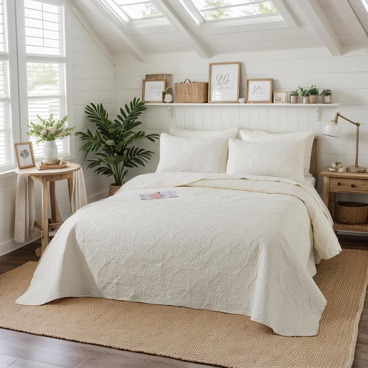 Brandream King Size Quilt Set Cotton Butter Cream Yellow Vintage Farmhouse Boho Medallion Matelasse Coverlet Set 3-Piece
