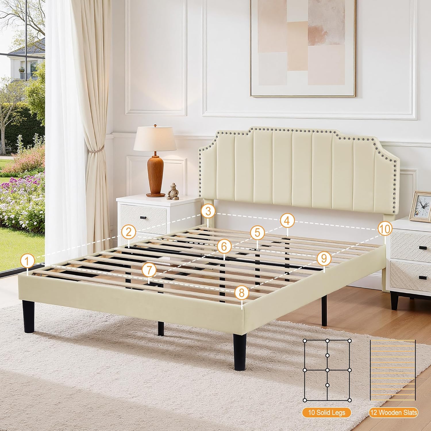 VECELO Queen Size Velvet Upholstered Platform Bed Frame with Nailhead Trim,Tufted Height Adjustable Headboard,Queen Bed with Wooden Slats/Mattress Foundatio/No Box Spring Needed/Under Bed Storage