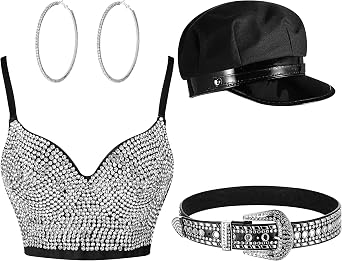 Tisancy 4 Pcs Rhinestone Bustier Top Costume Womens Push up Crop Top Diamond Belt Chauffeur Hat Earrings Hoop