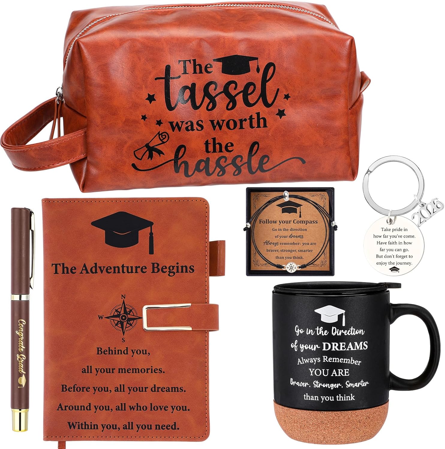 Sanwuta 6 Pcs 2026 Graduation Gifts Set for Him Men Leather Toiletry Bag Compass Bracelet Coffee Mug Leather Journal Ballpoint Pen Keychain 2026 Party Favors Congratulation for College Men Friend Son