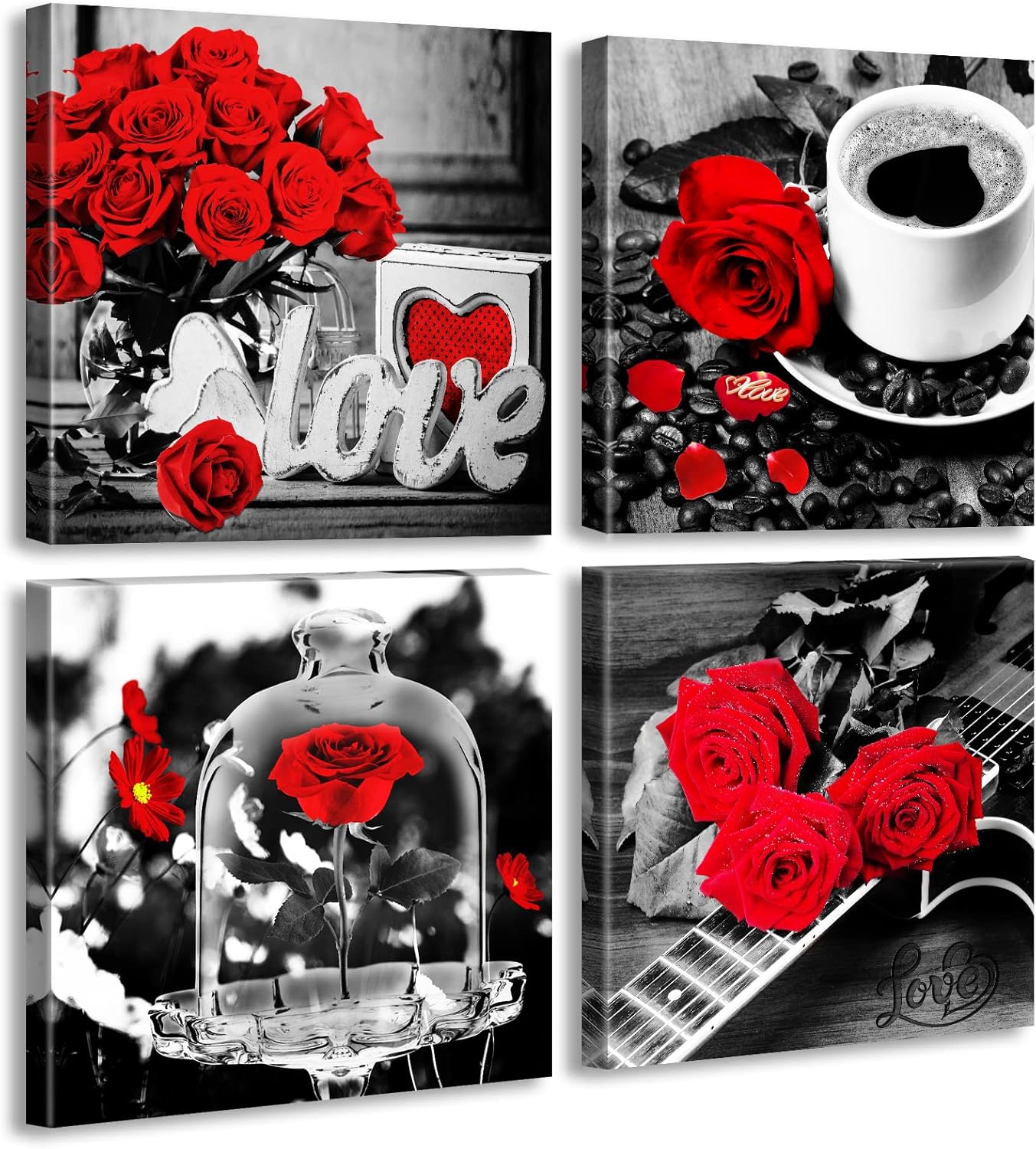 Bathroom Decor Rose Wall Art Red Room Accessories Canvas Print Pictures for Bedroom Home Decorations Black and White Modern Artwork Framed 12''X12''X4