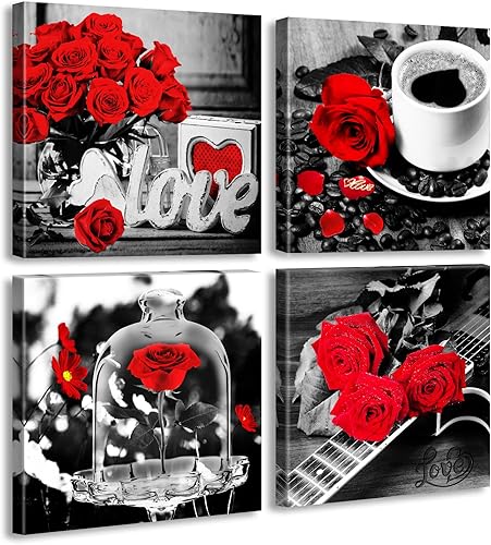 Decoración de baño, arte de pared de rosas, accesorios de habitación roja, impresiones en lienzo para dormitorio, decoración del hogar, arte moderno