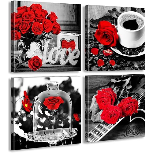 Bathroom Decor Rose Wall Art Red Room Accessories Canvas Print Pictures for Bedroom Home Decorations Black and White Modern Artwork Framed 12''X12''X4