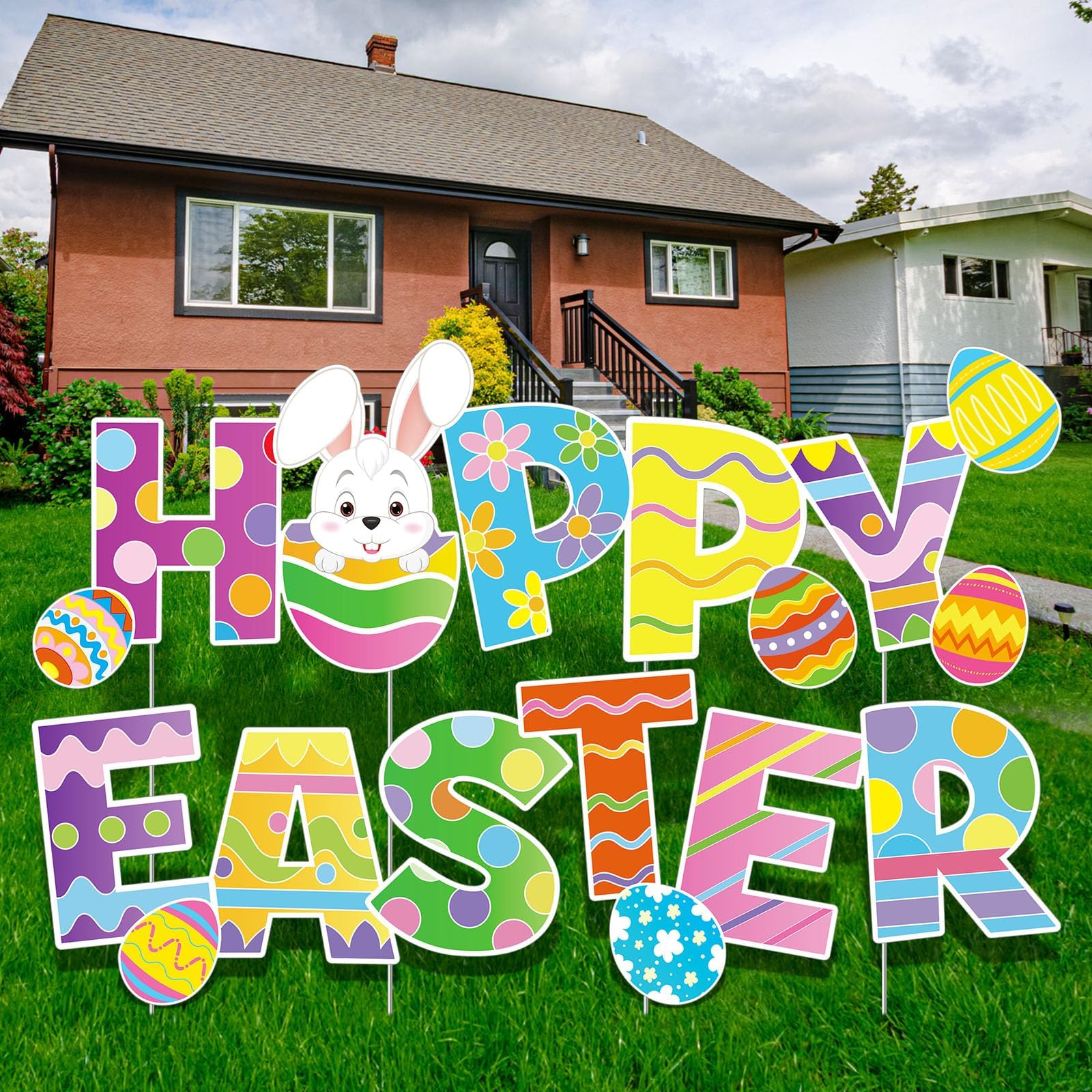 Yalikop 4 Pcs Happy Easter Yard Signs Decorations Outdoor Lawn Decorations Eggs Yard Stake Sign Bunny Outdoor Decorative Stake Signs with 16 Plastic Stakes for Garden Easter Party Supplies Prop