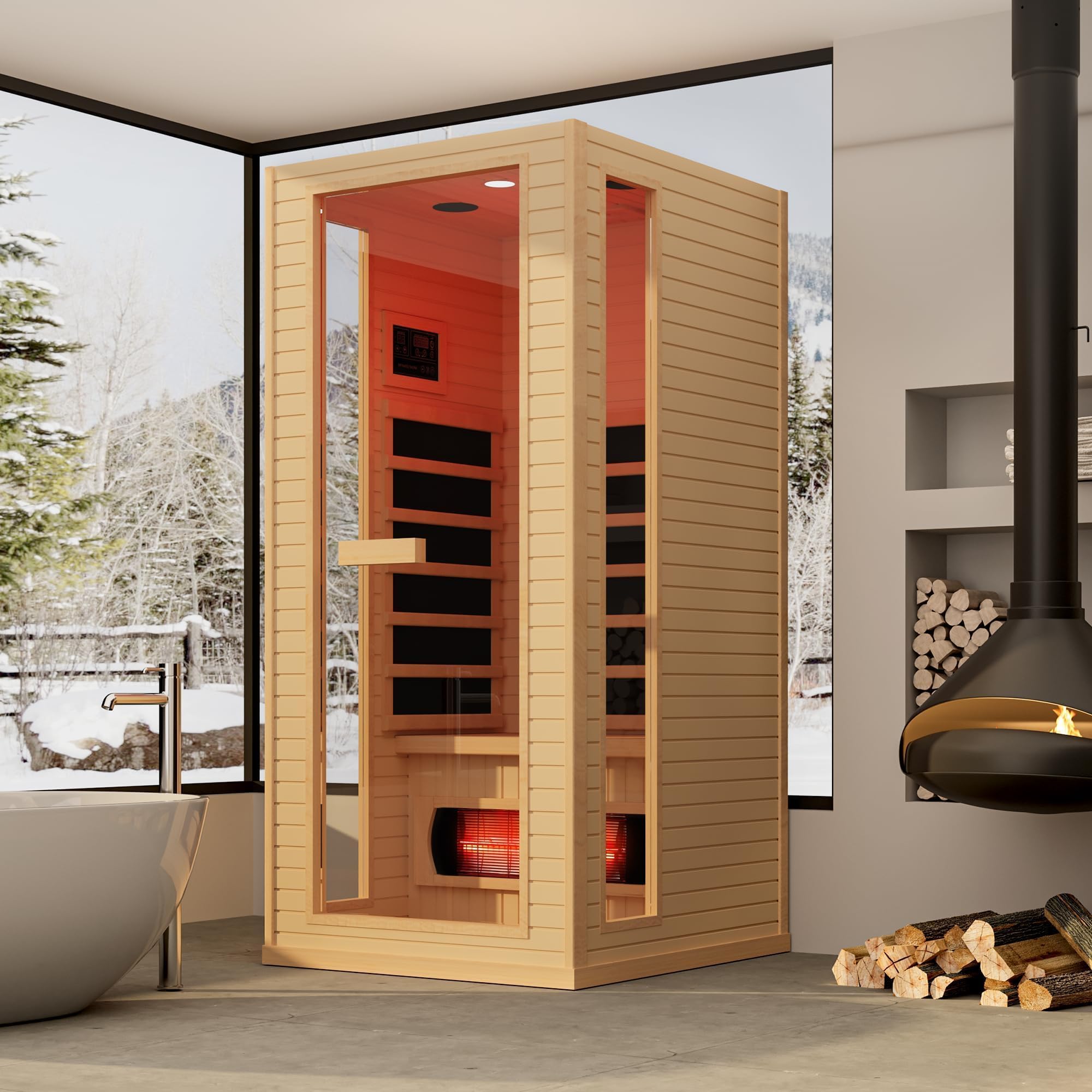 Infrared Sauna, 1 Person Full Spectrum Infrared Saunas for Home, Indoor Dry Sauna with 4 Carbon Panels and 1 Carbon Tube, Oxygen Bar, Bluetooth and 7 Color Therapy Lights, Canadian Hemlock